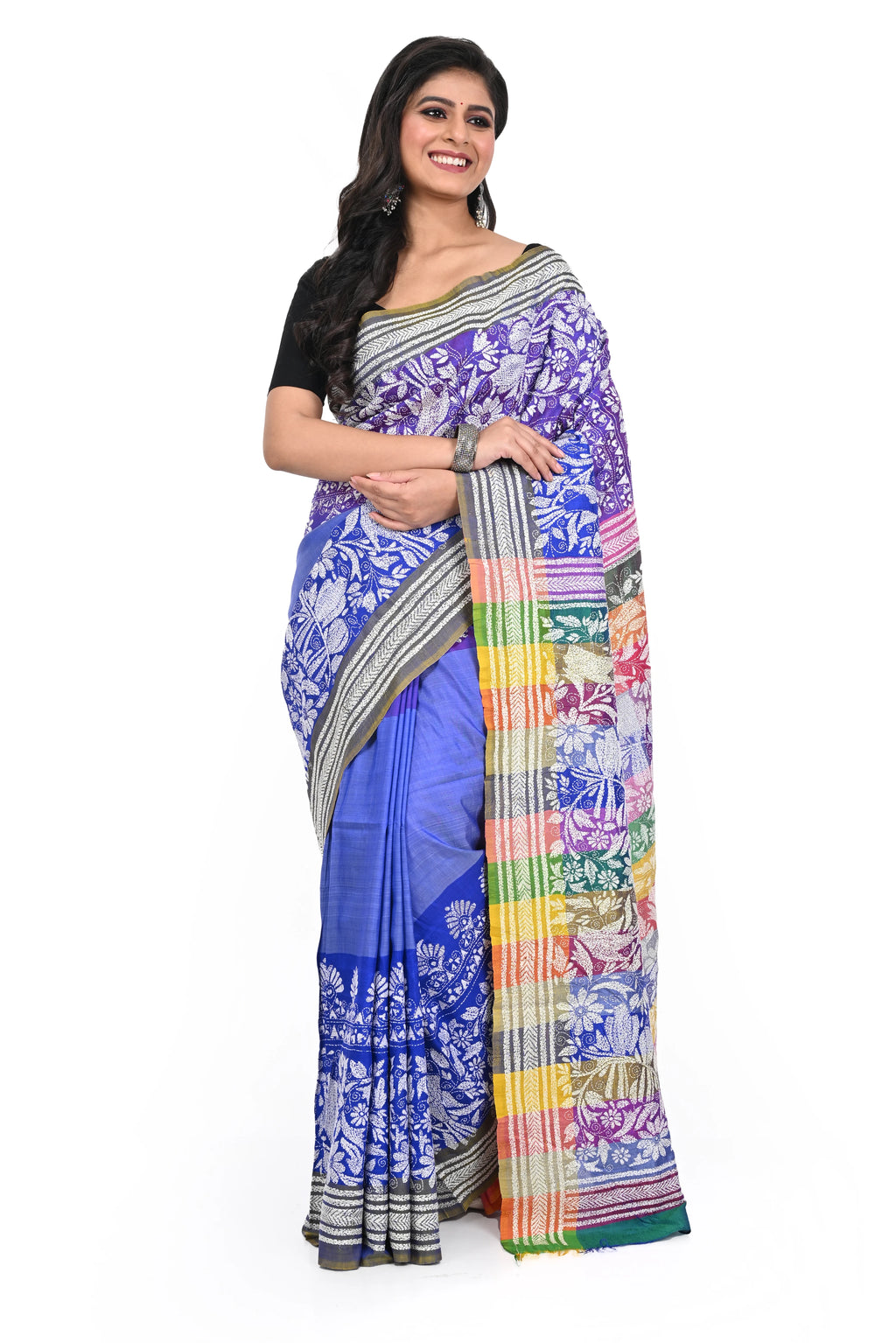 Purple Coloured Kantha Stitch Saree on Pure Bishnupuri Silk