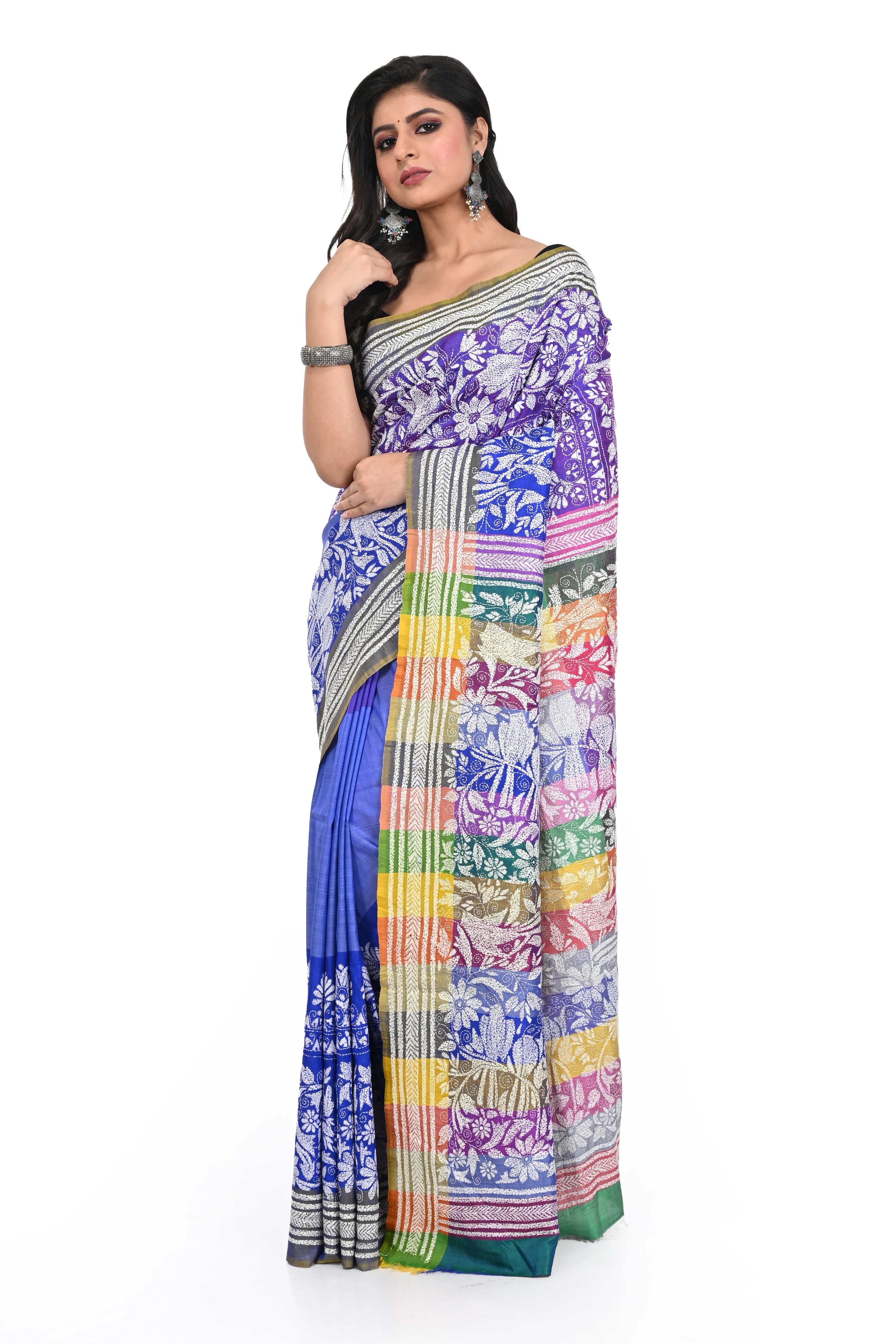 Purple Coloured Kantha Stitch Saree on Pure Bishnupuri Silk