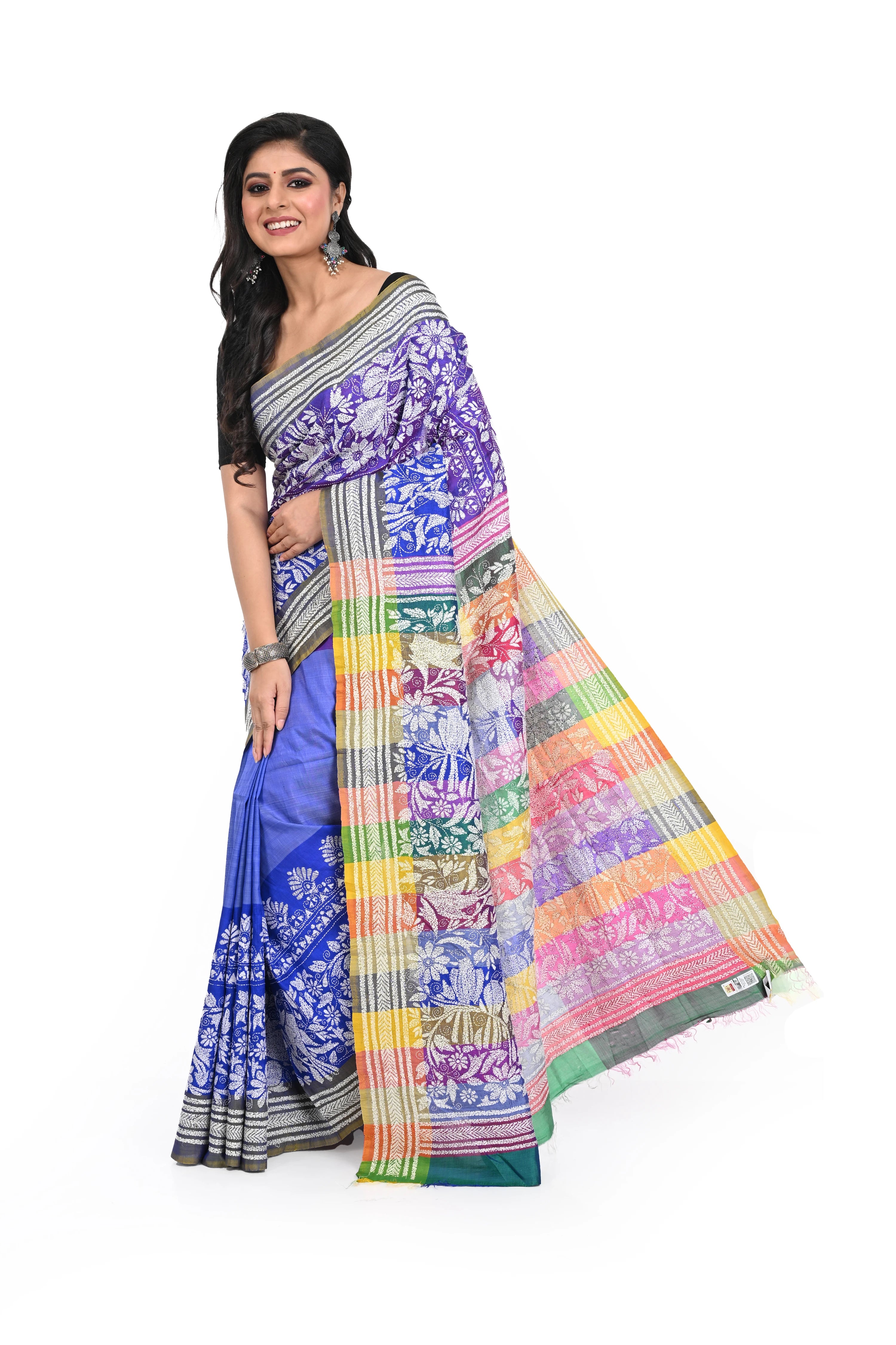 Purple Coloured Kantha Stitch Saree on Pure Bishnupuri Silk