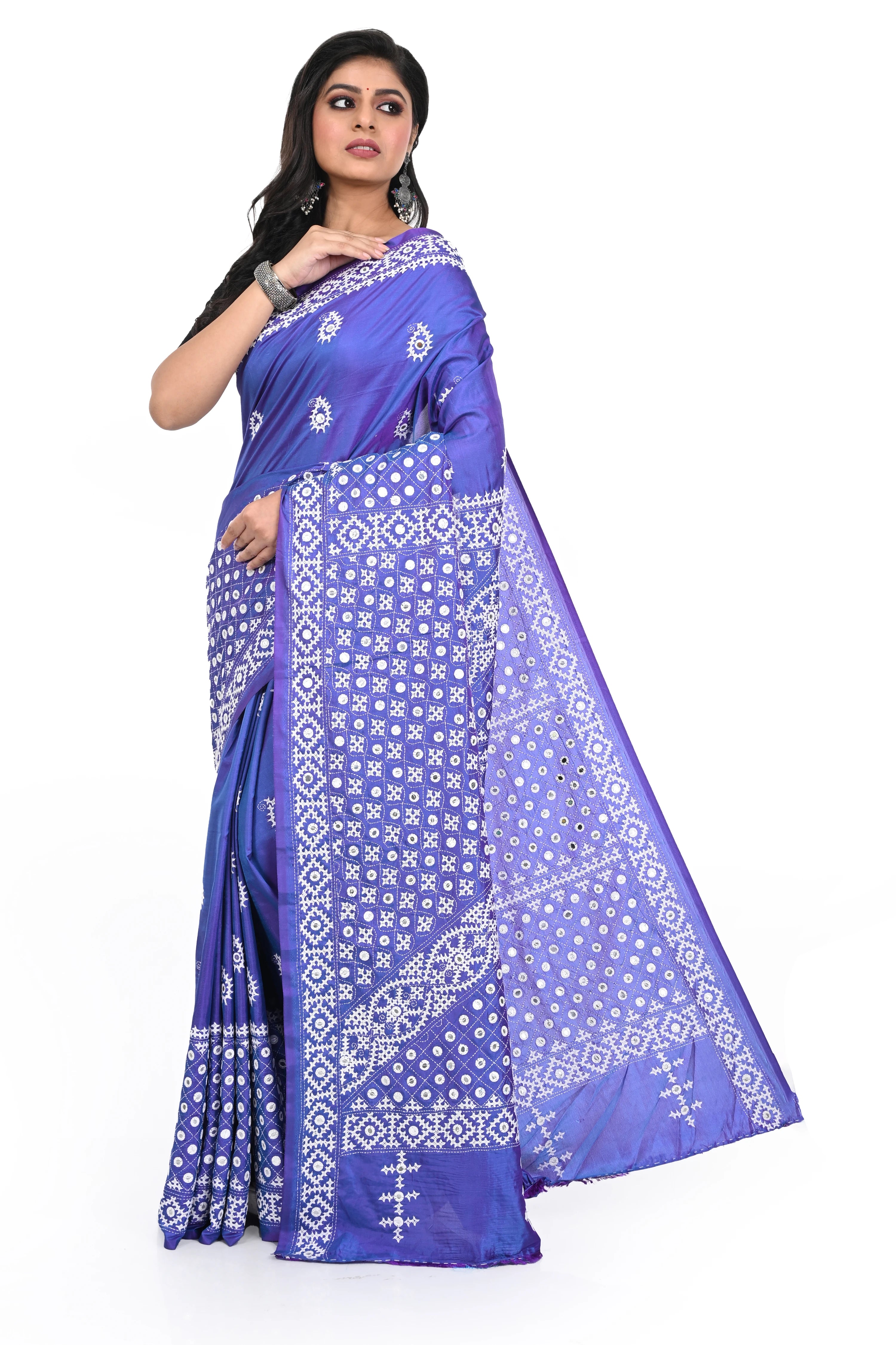 Saphire Blue Banglore Silk Saree with Hand Gujarati Worked Heavy Pallu and Rich Border