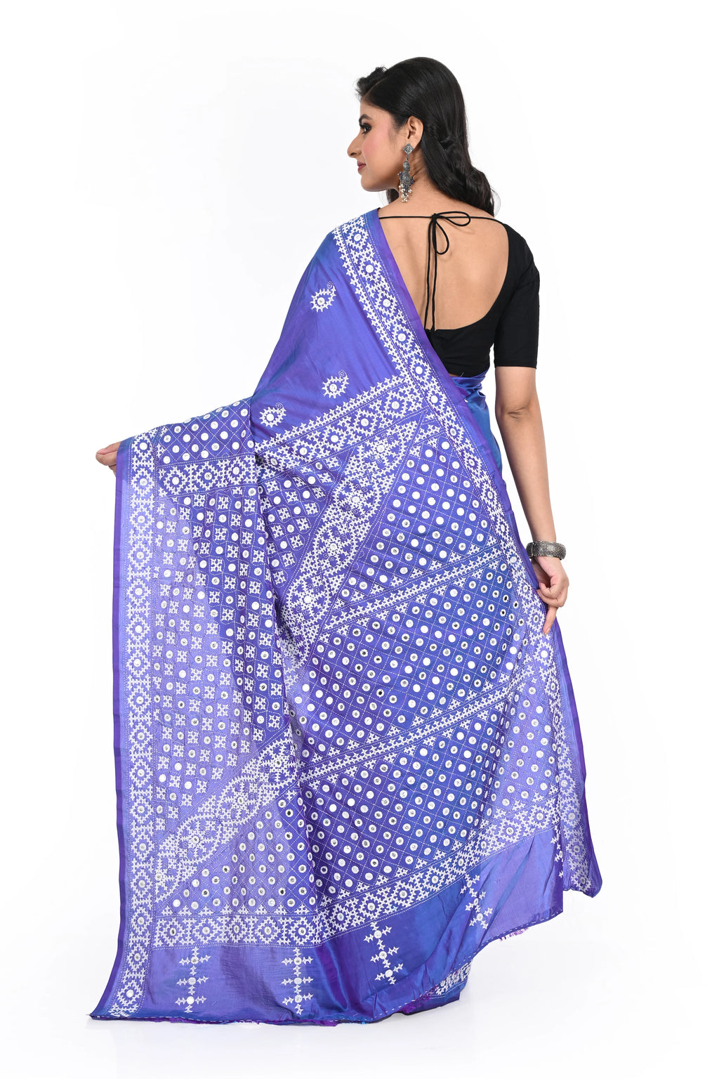 Saphire Blue Banglore Silk Saree with Hand Gujarati Worked Heavy Pallu and Rich Border
