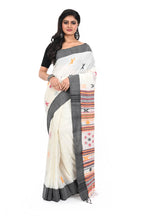 Black Border White Cotton Saree with Bhujudi Hand Worked Pallu