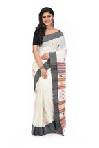Black Border White Cotton Saree with Bhujudi Hand Worked Pallu