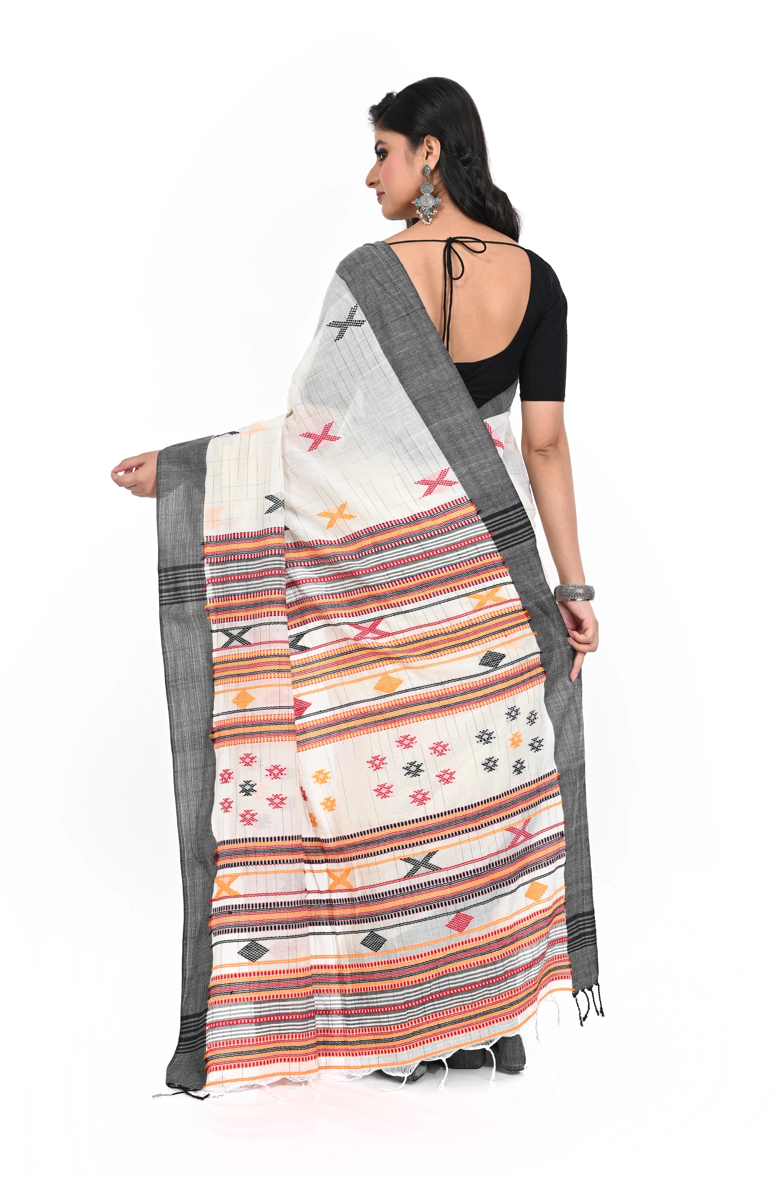 Black Border White Cotton Saree with Bhujudi Hand Worked Pallu