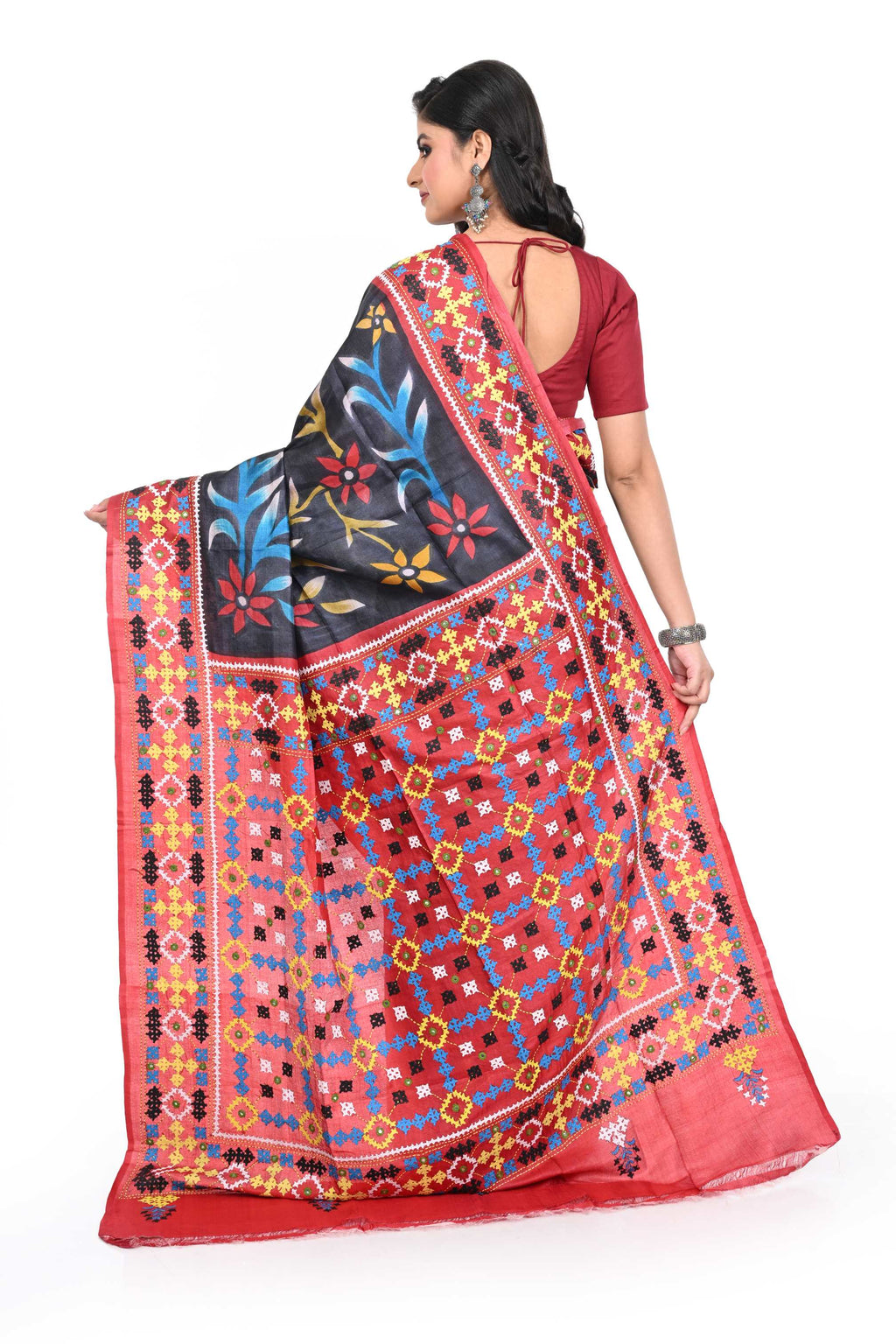 Red Border Black Tussar Saree with Gujarati Hand Work