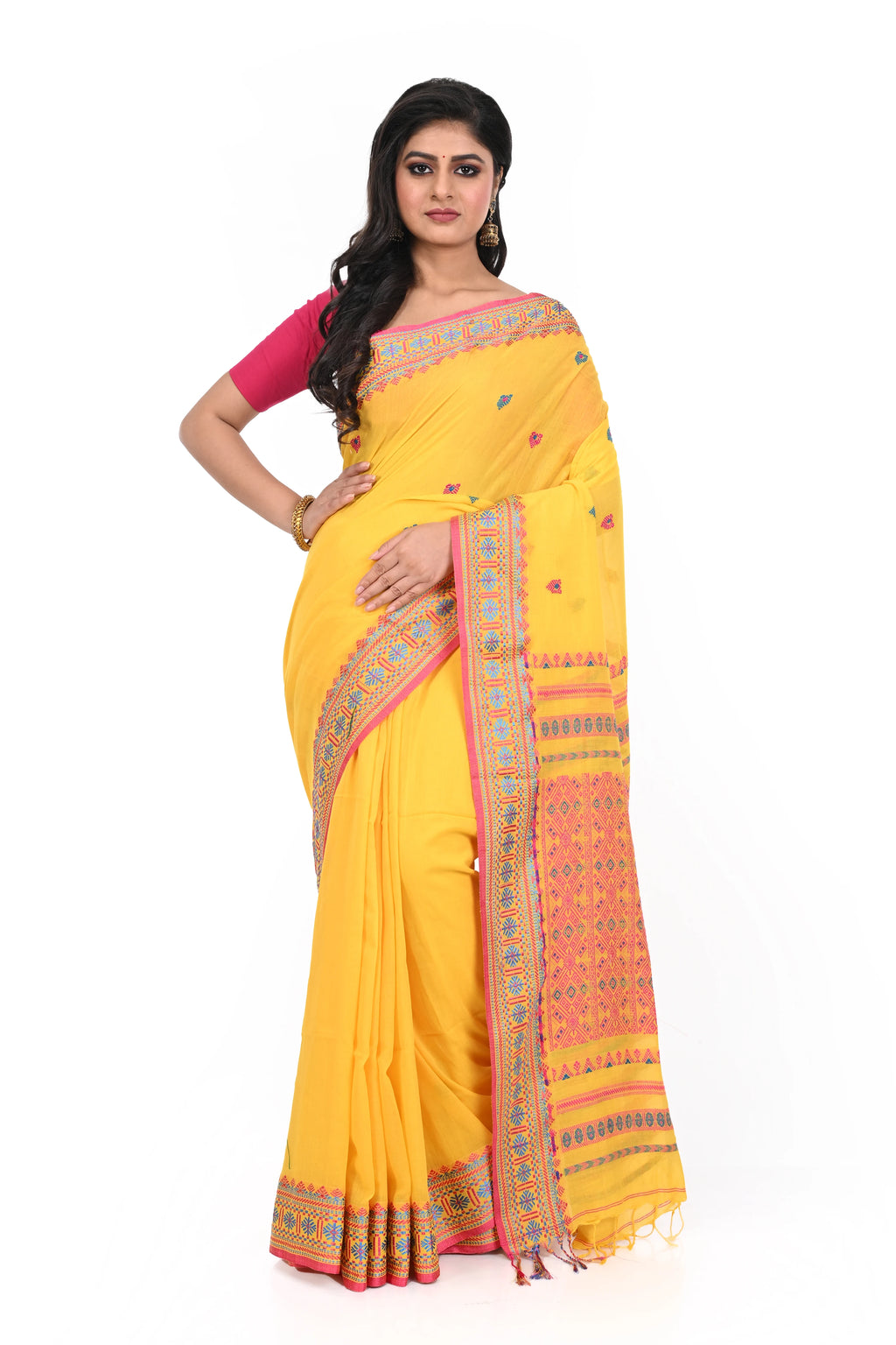 Yellow Handloom Cotton Saree with Red Border and Red Pallu