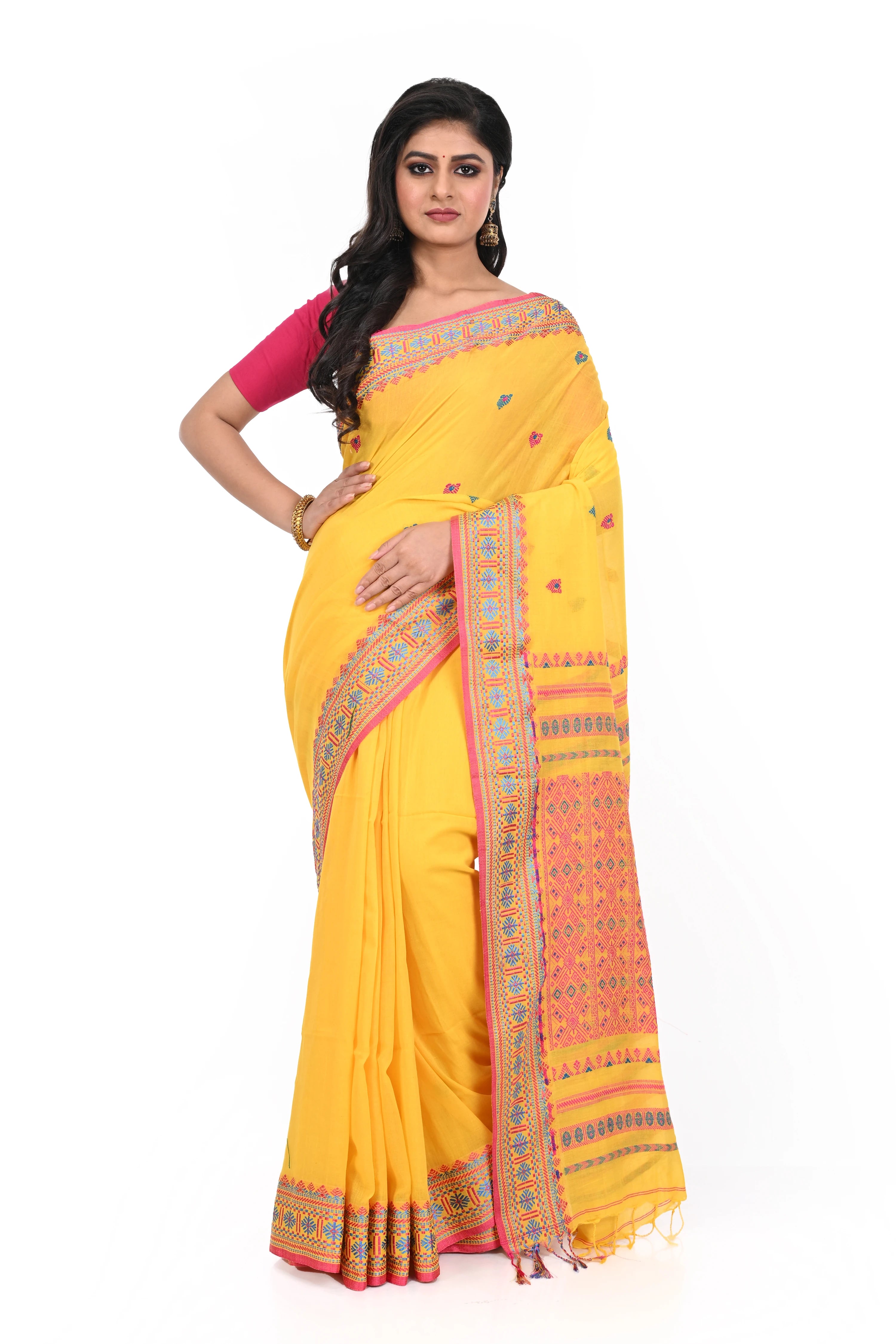 Yellow Handloom Cotton Saree with Red Border and Red Pallu