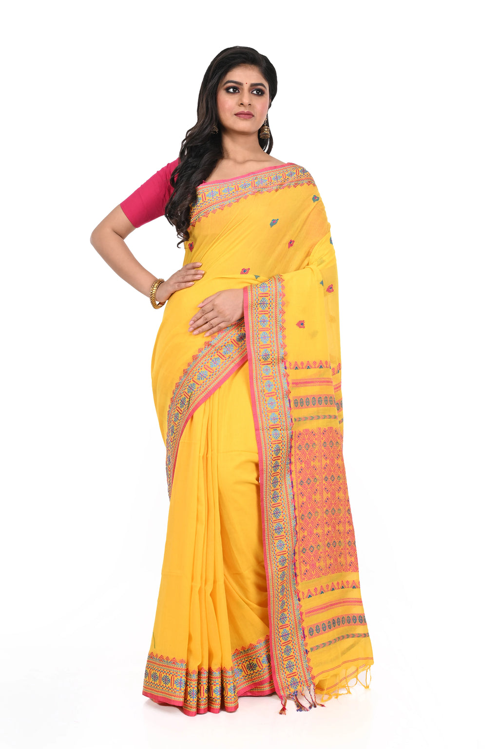 Yellow Handloom Cotton Saree with Red Border and Red Pallu