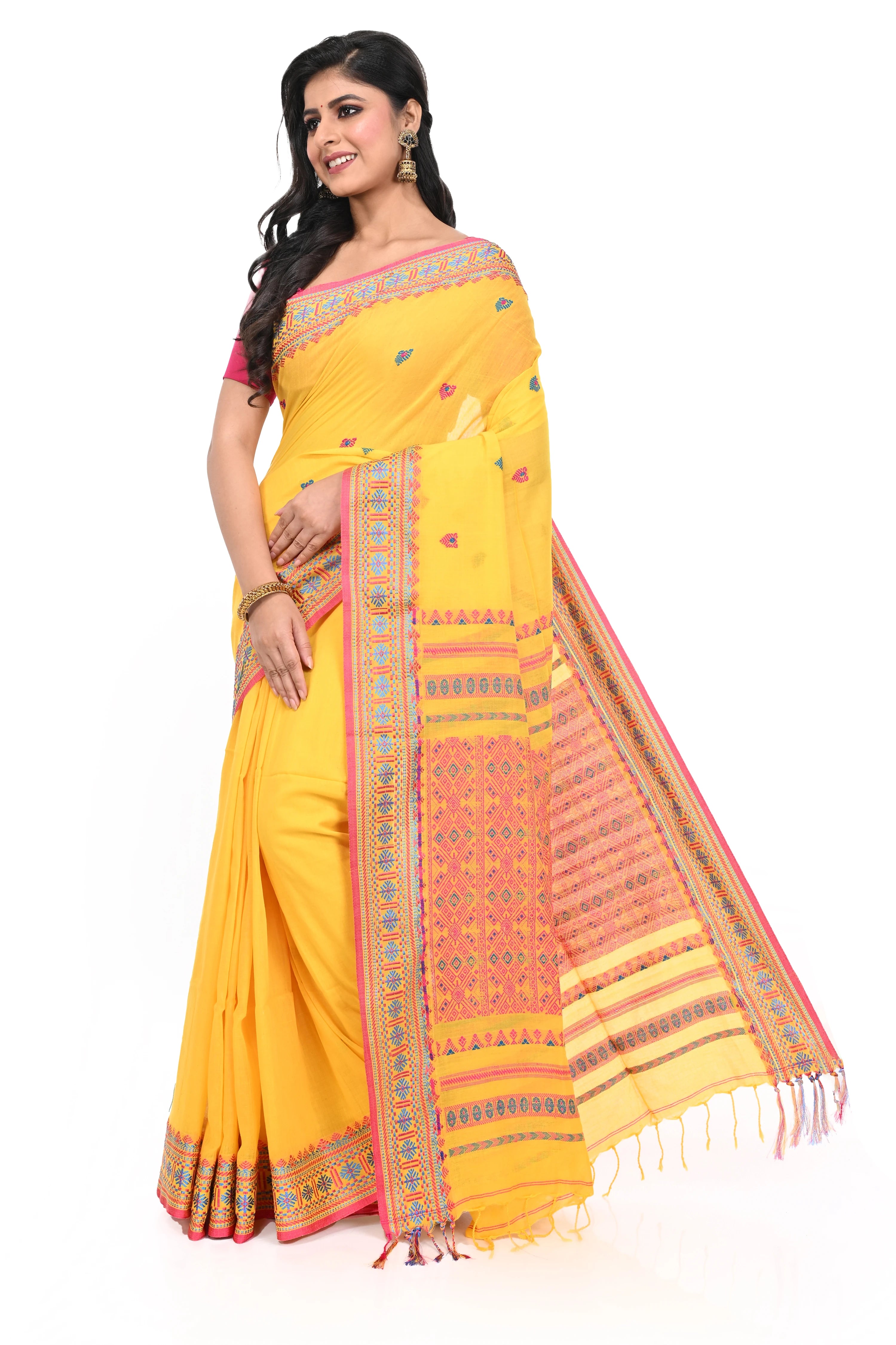 Yellow Handloom Cotton Saree with Red Border and Red Pallu