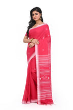 Pink Cotton Handloom Saree with White Slim Border and Bhujudi Worked Pallu with White Thread