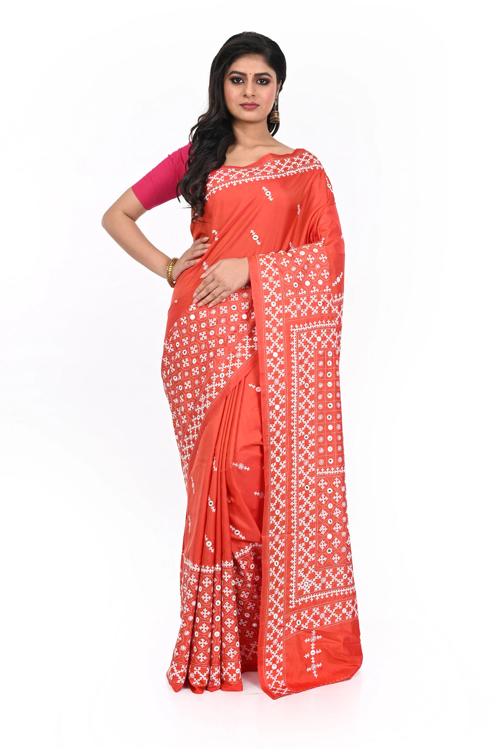 Orange Coloured Banglore Silk with Hand Gujarati Worked