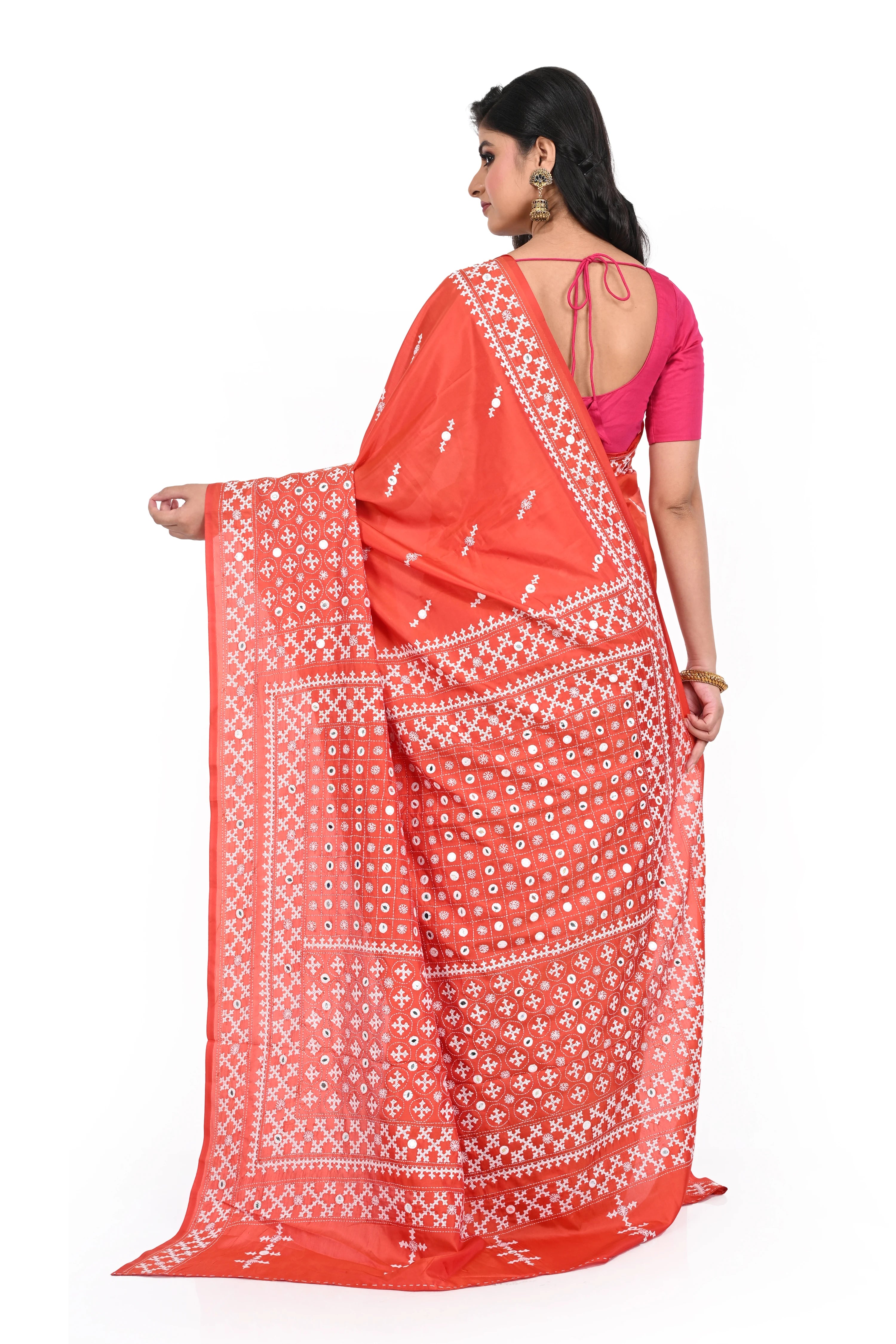 Orange Coloured Banglore Silk with Hand Gujarati Worked