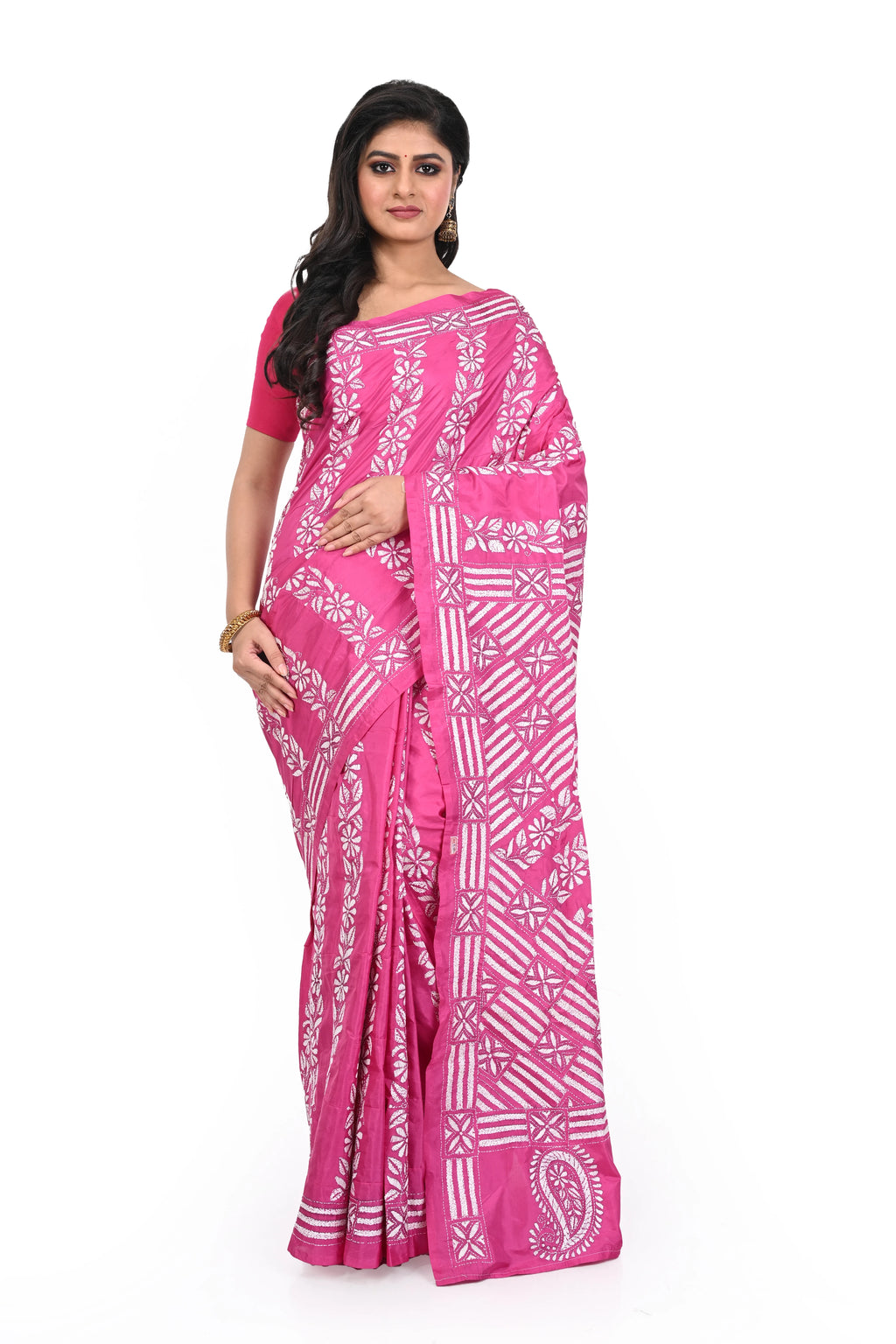 Pink Coloured Kanth Worked Banglore Silk Saree