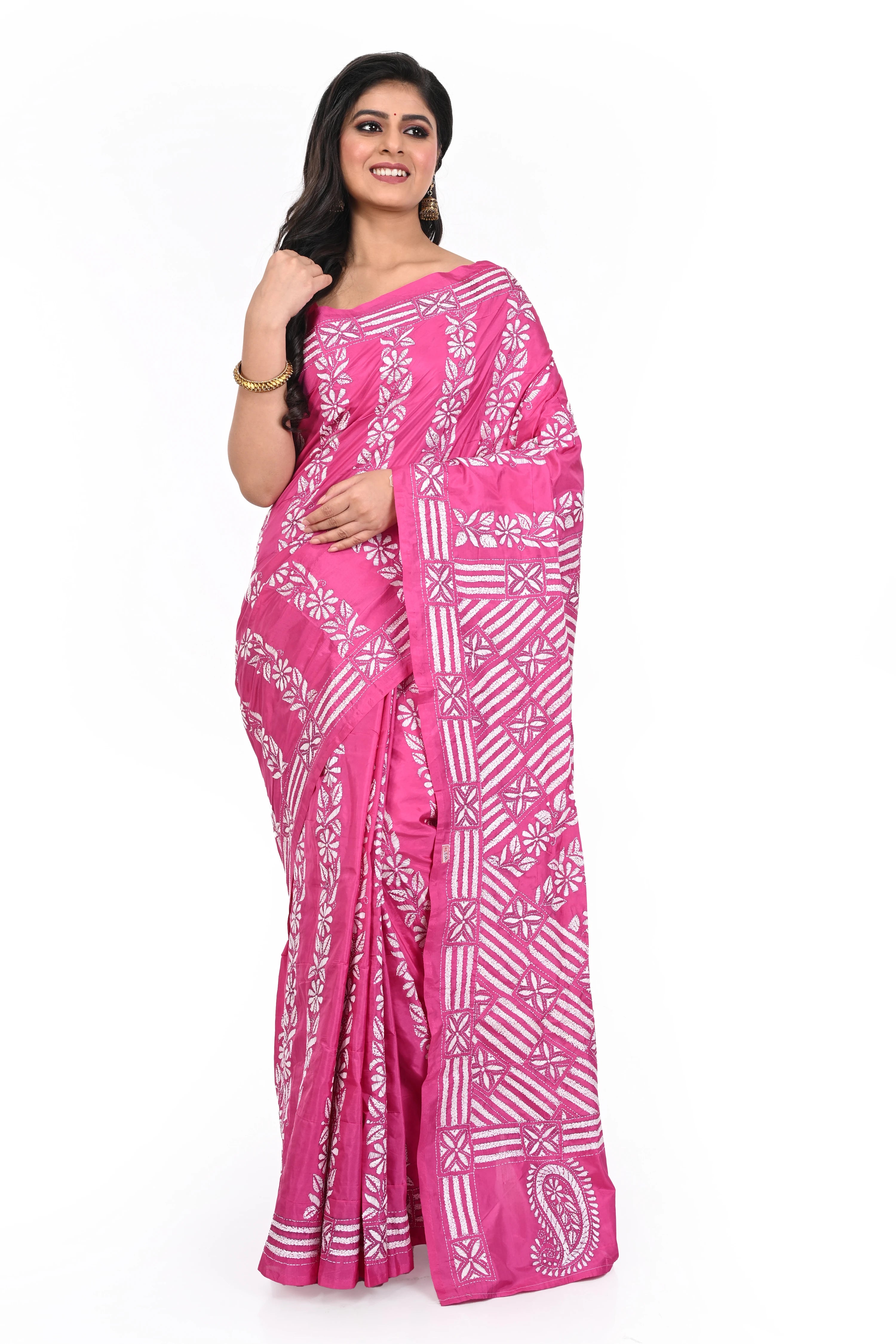 Pink Coloured Kanth Worked Banglore Silk Saree