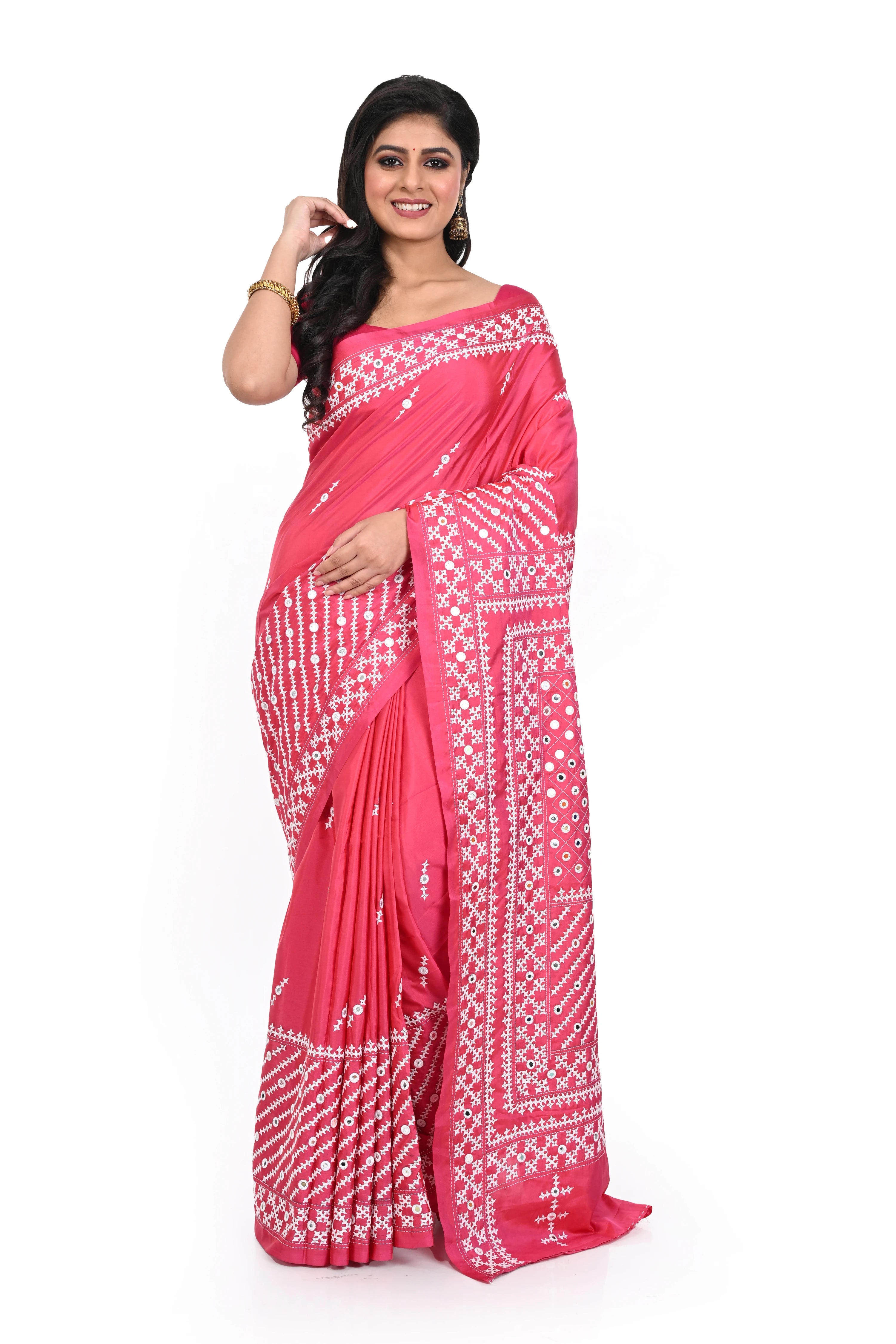 Pink Gujarati Worked Banglore Silk