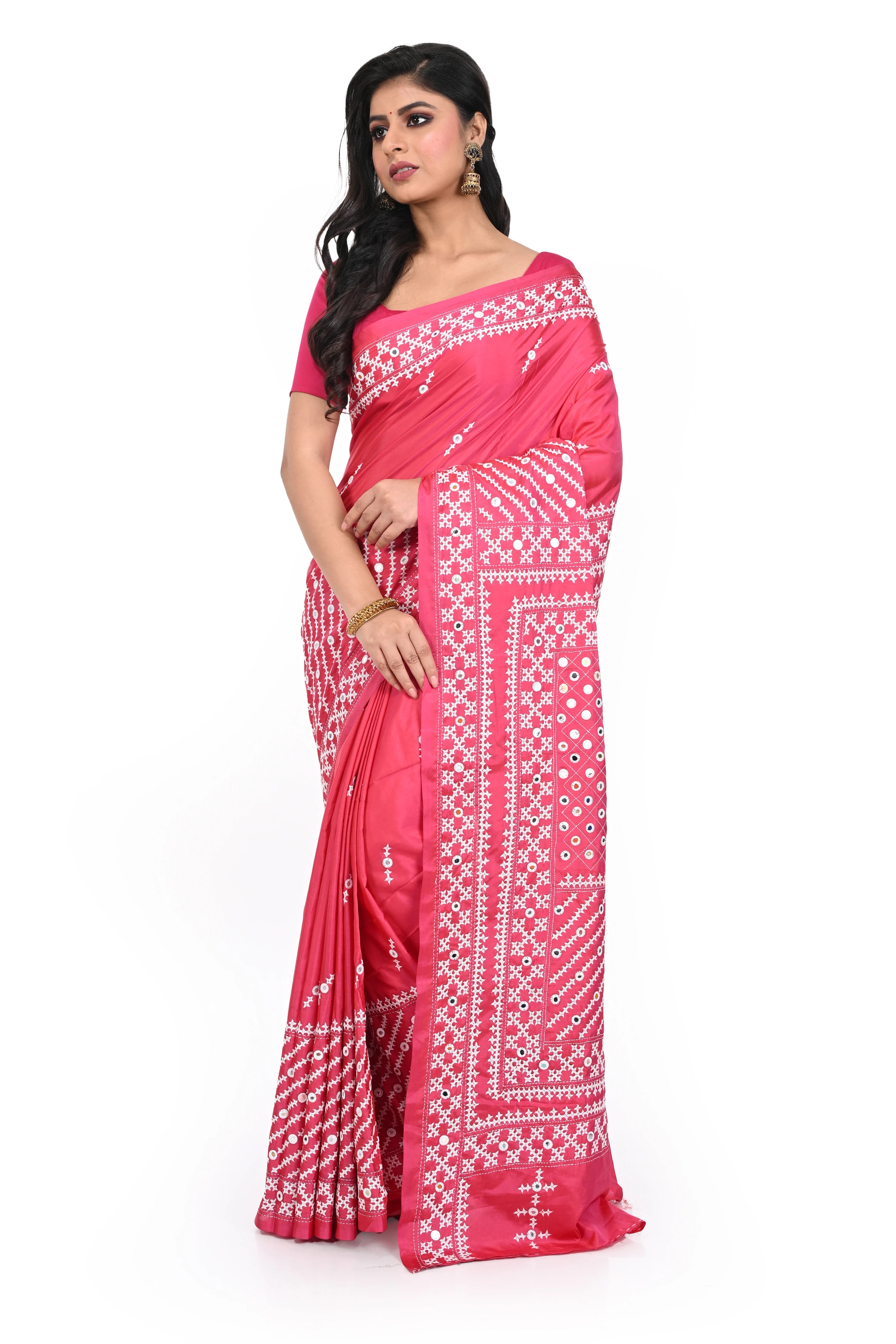 Pink Gujarati Worked Banglore Silk
