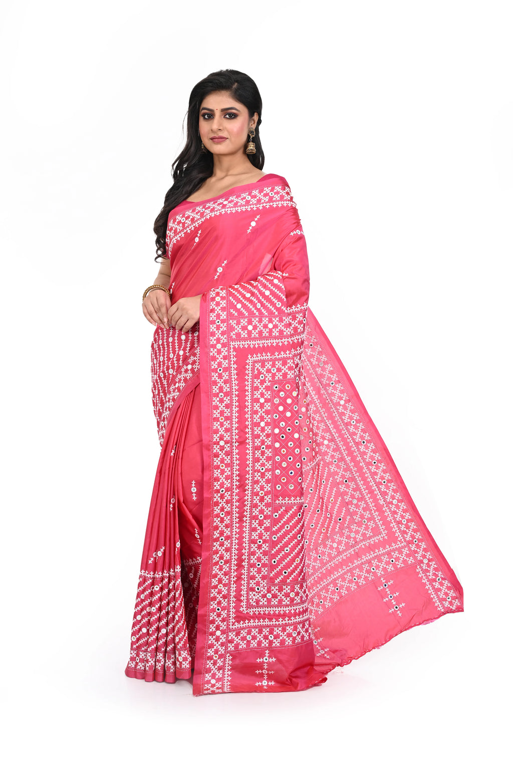 Pink Gujarati Worked Banglore Silk