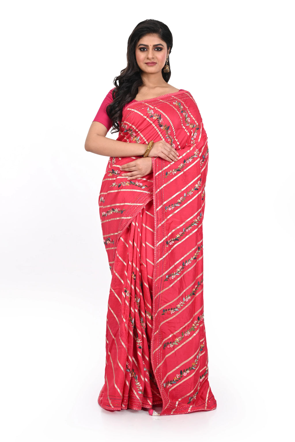 Hot Pink Allover Bulian Stitch Silk Saree