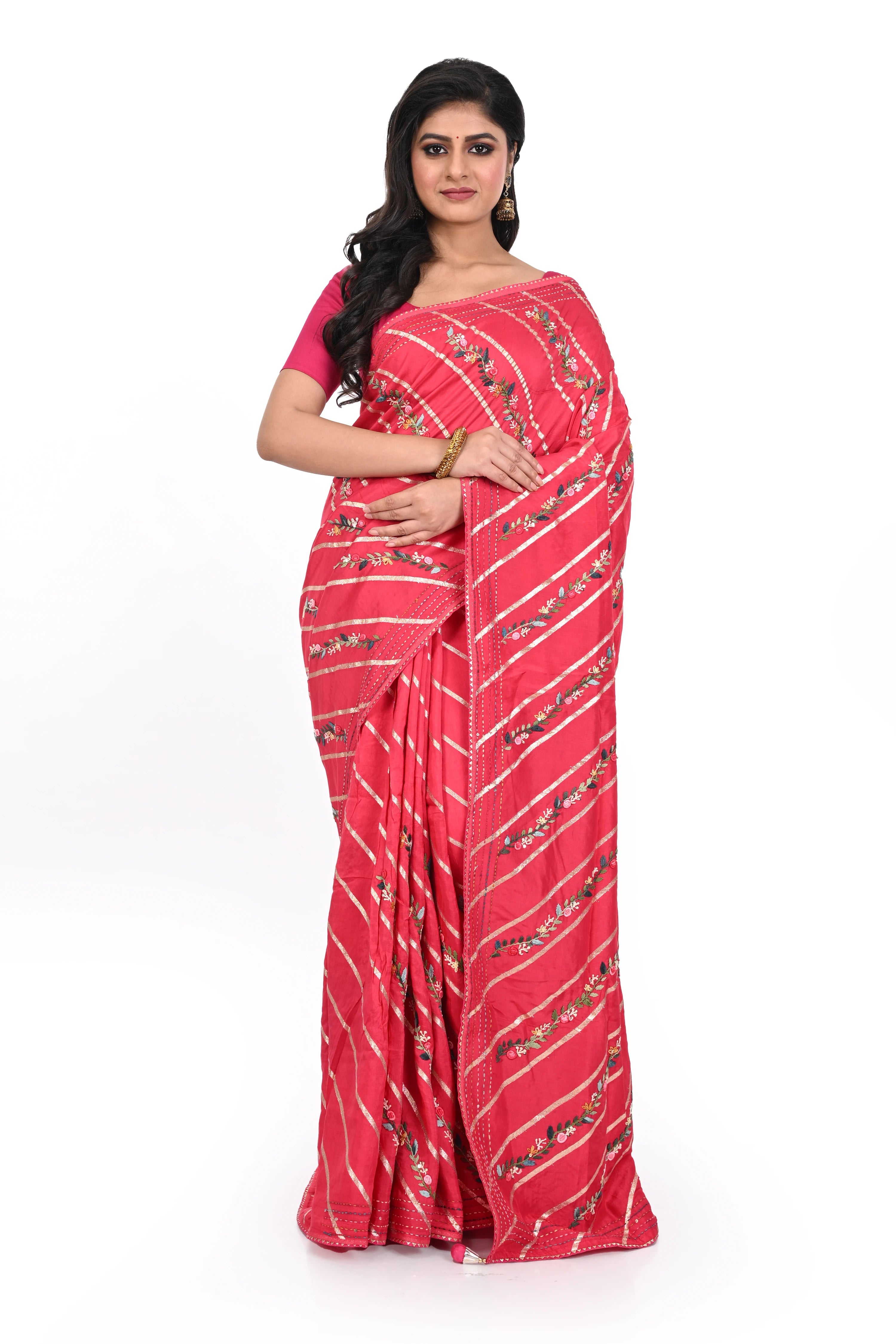 Hot Pink Allover Bulian Stitch Silk Saree