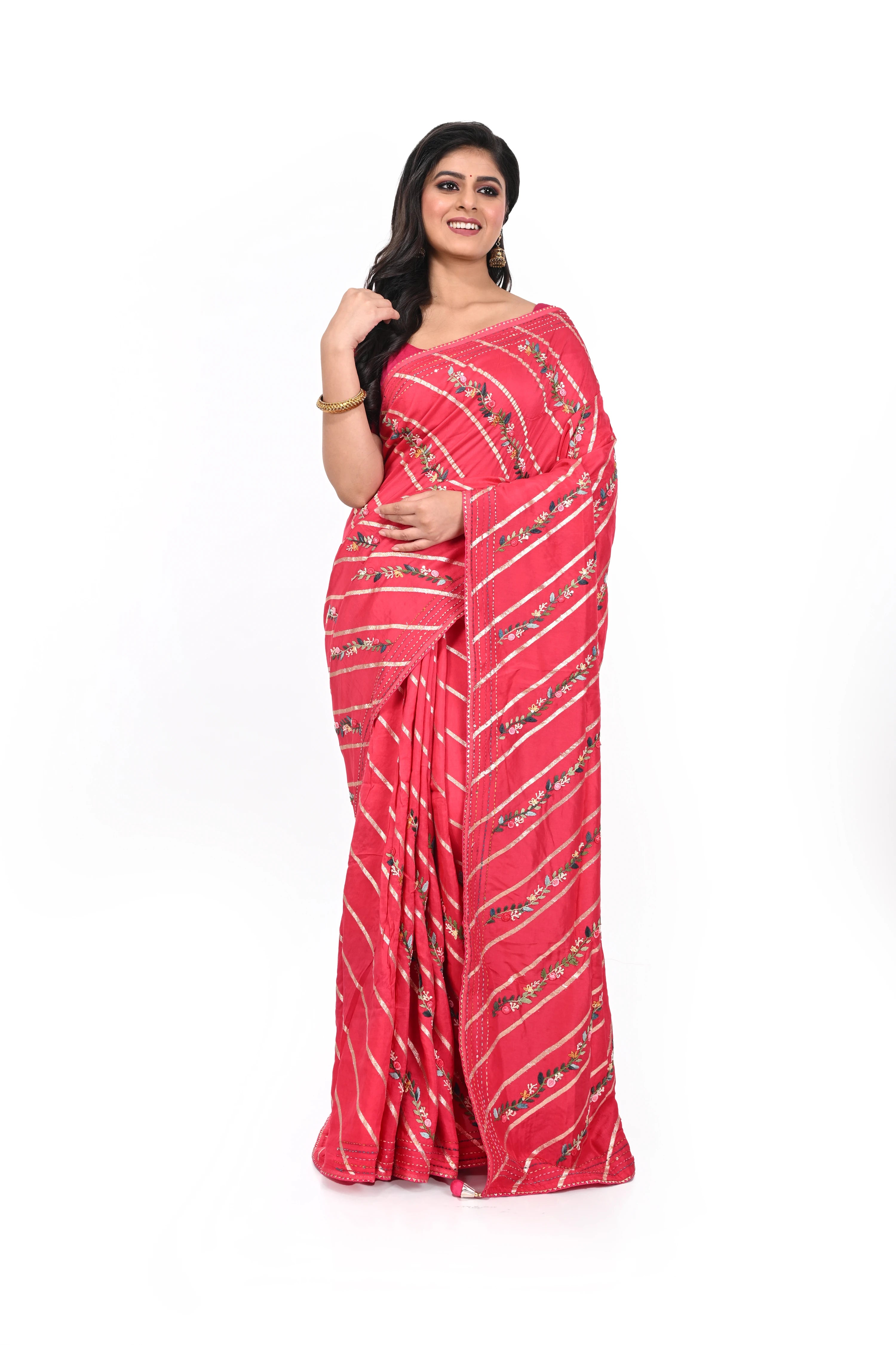 Hot Pink Allover Bulian Stitch Silk Saree
