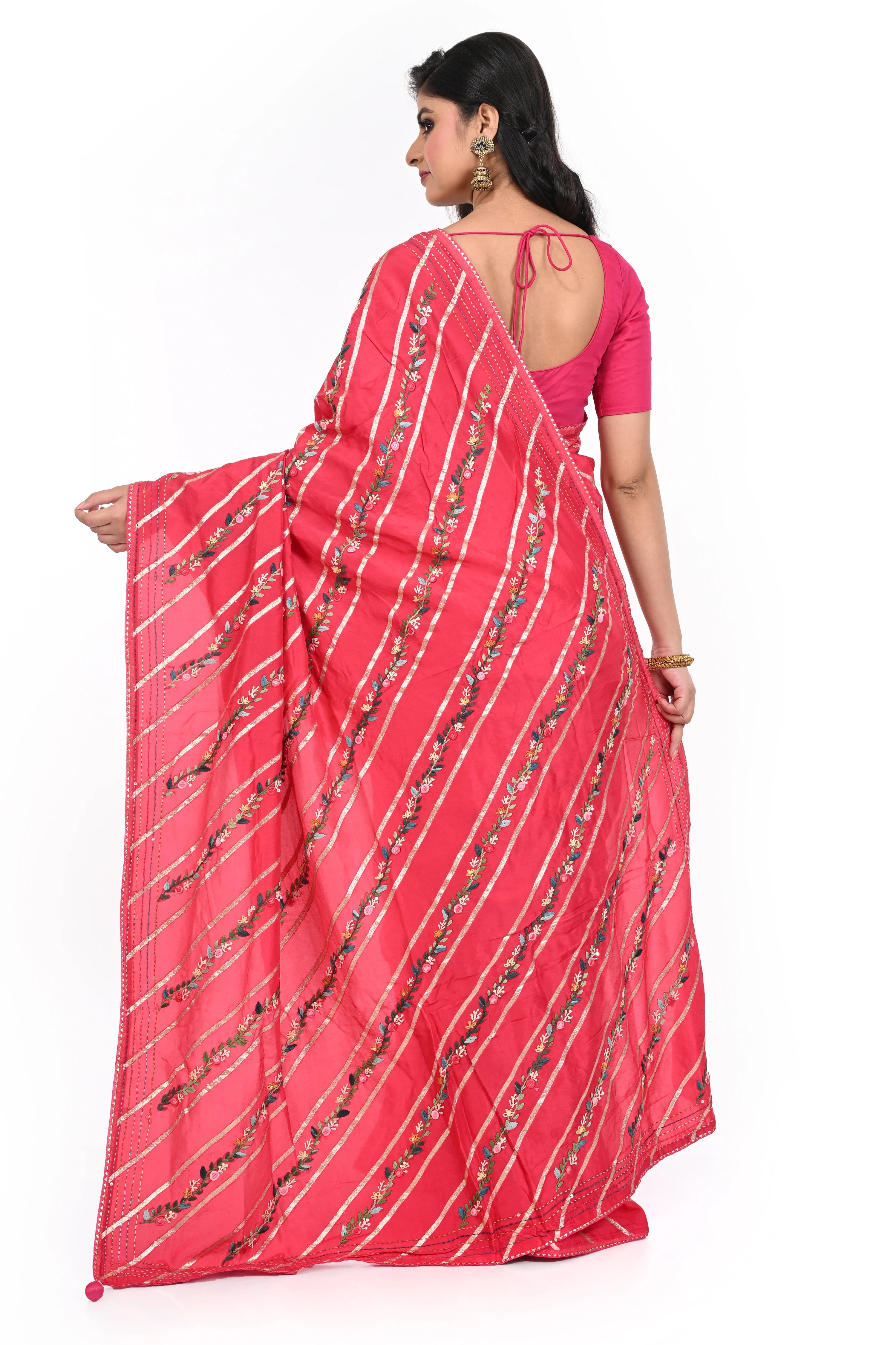 Hot Pink Allover Bulian Stitch Silk Saree