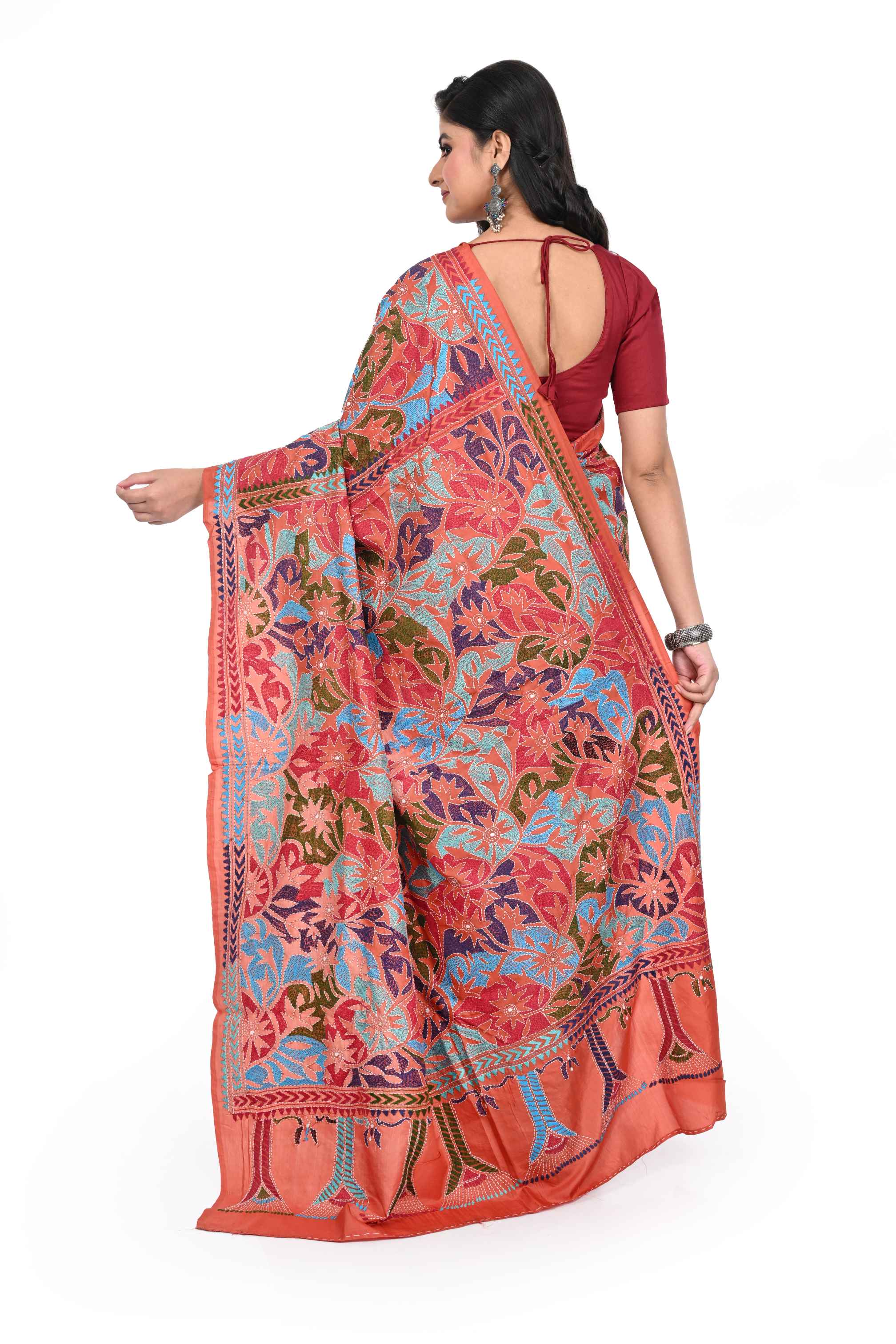 Rust Coloured Reverse Kantha Pure Banglore Silk Saree