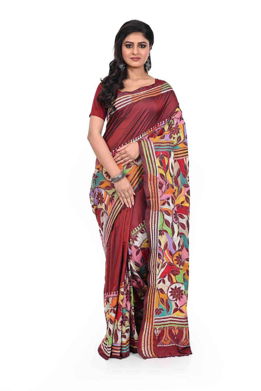 Maroon Blended Banglore Silk Saree with Corner to Corner Kantha Worked