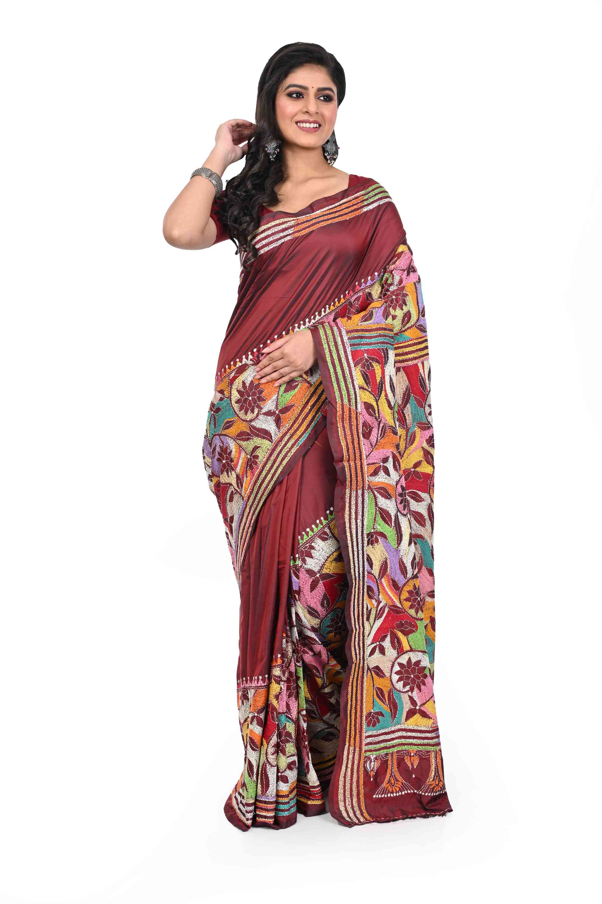 Maroon Blended Banglore Silk Saree with Corner to Corner Kantha Worked