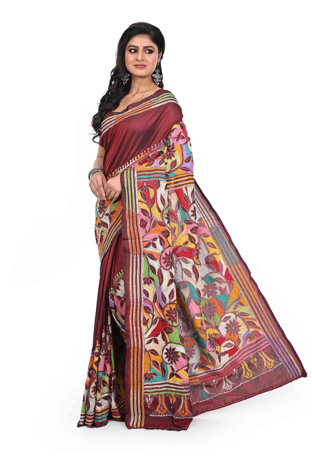 Maroon Blended Banglore Silk Saree with Corner to Corner Kantha Worked