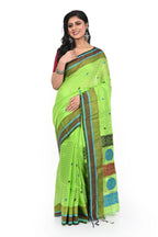 Parrot Green Coloured Pure Matka Handloom Saree with Decorated Pallu and Border