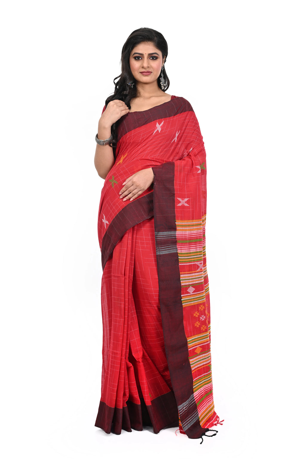 Pure Cotton Red Handloom Saree & Maroon Border with Bhujudi Worked Pallu