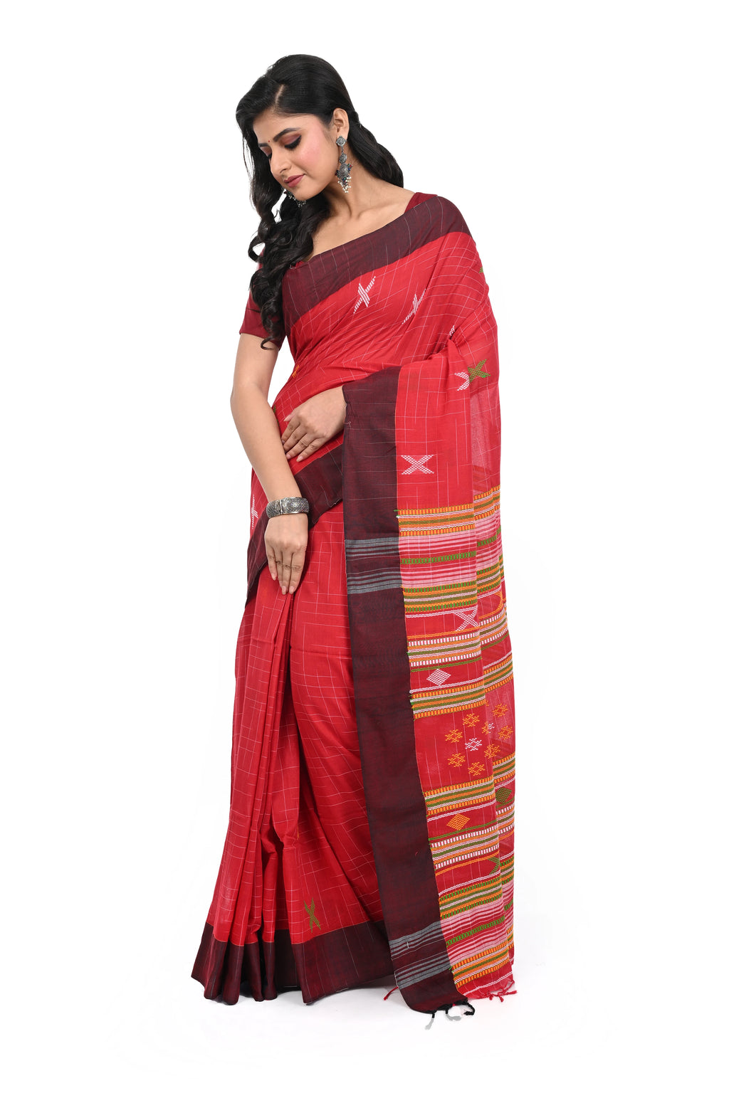 Pure Cotton Red Handloom Saree & Maroon Border with Bhujudi Worked Pallu