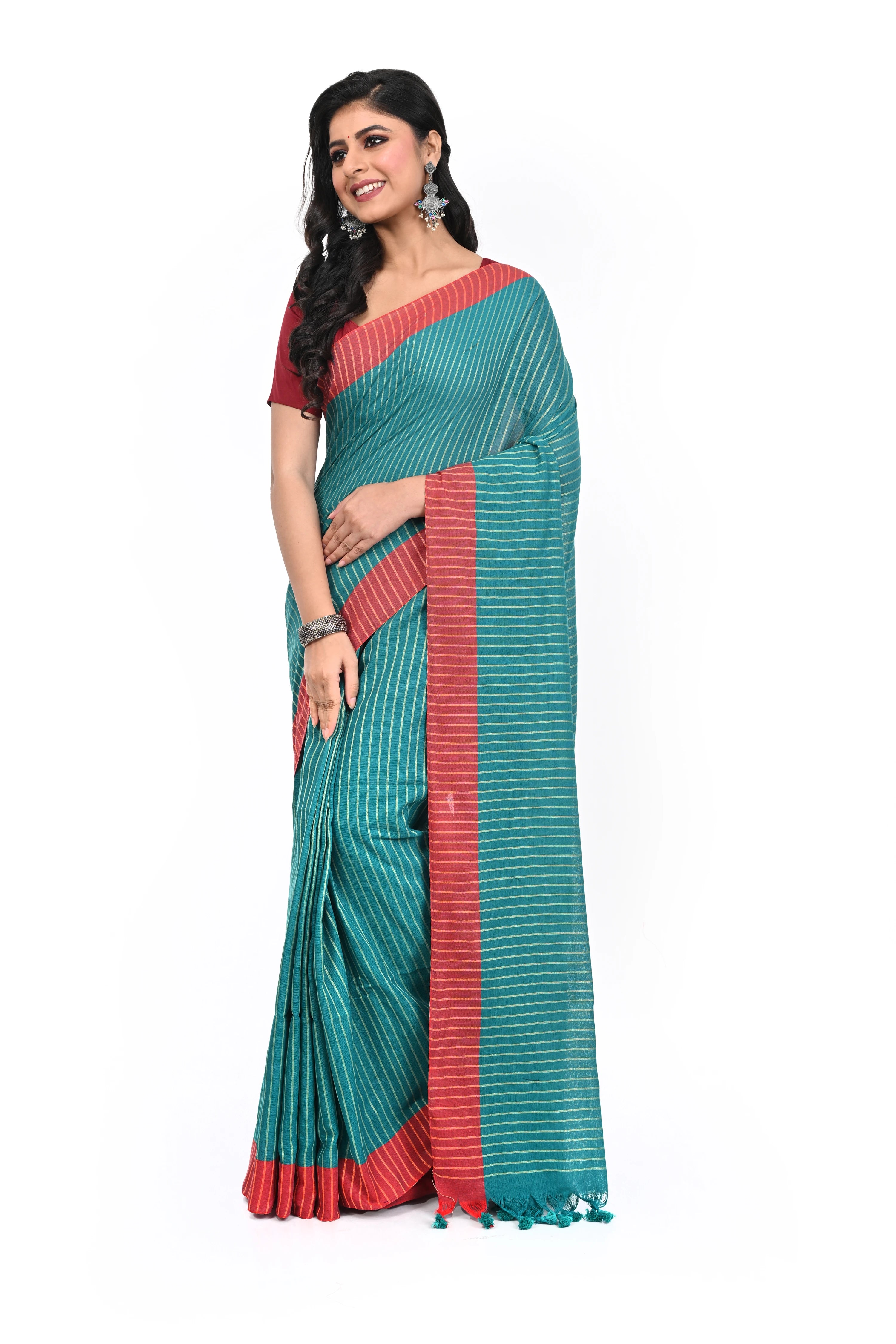 Rama Green Red Bordered Cotton Handloom Saree