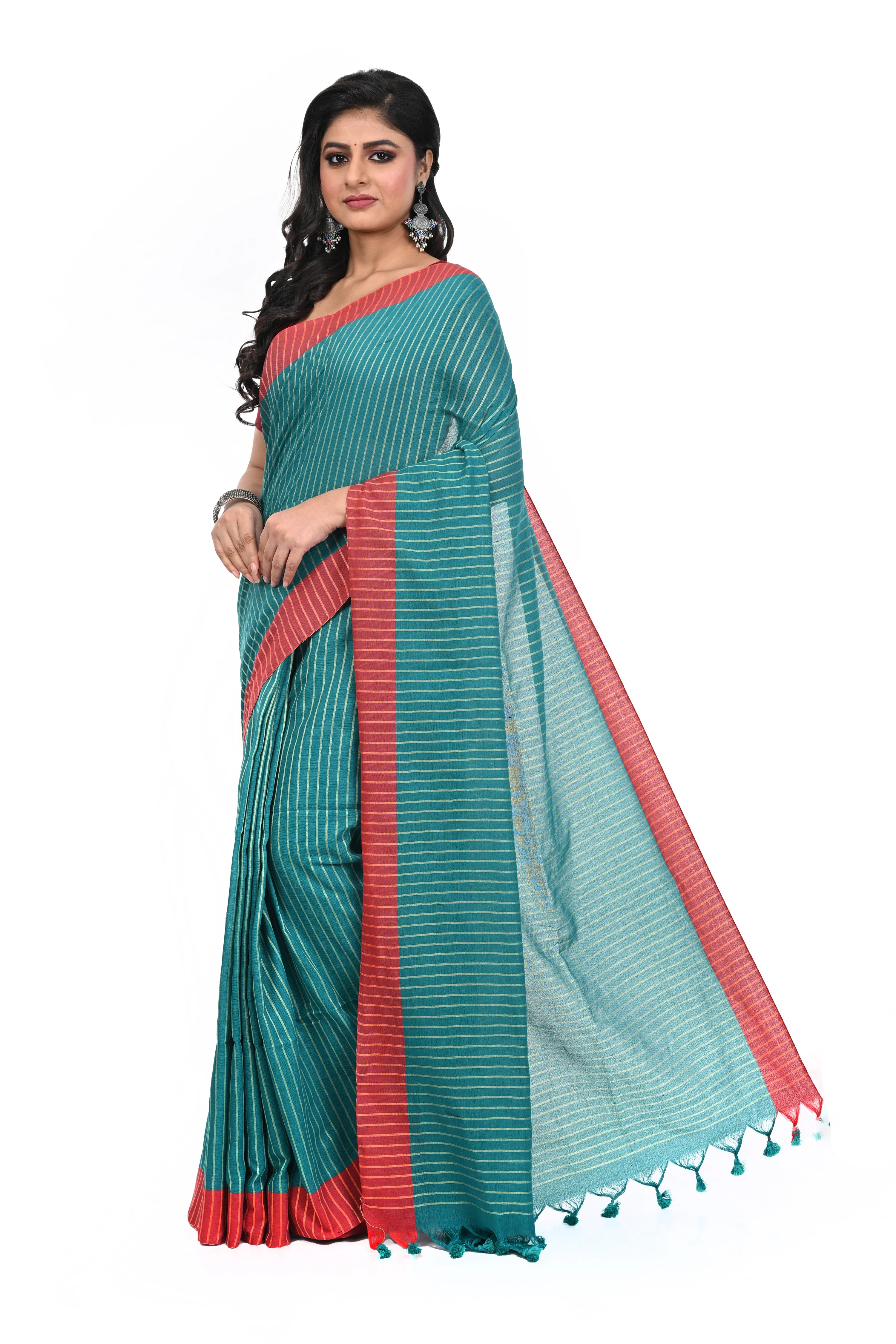 Rama Green Red Bordered Cotton Handloom Saree