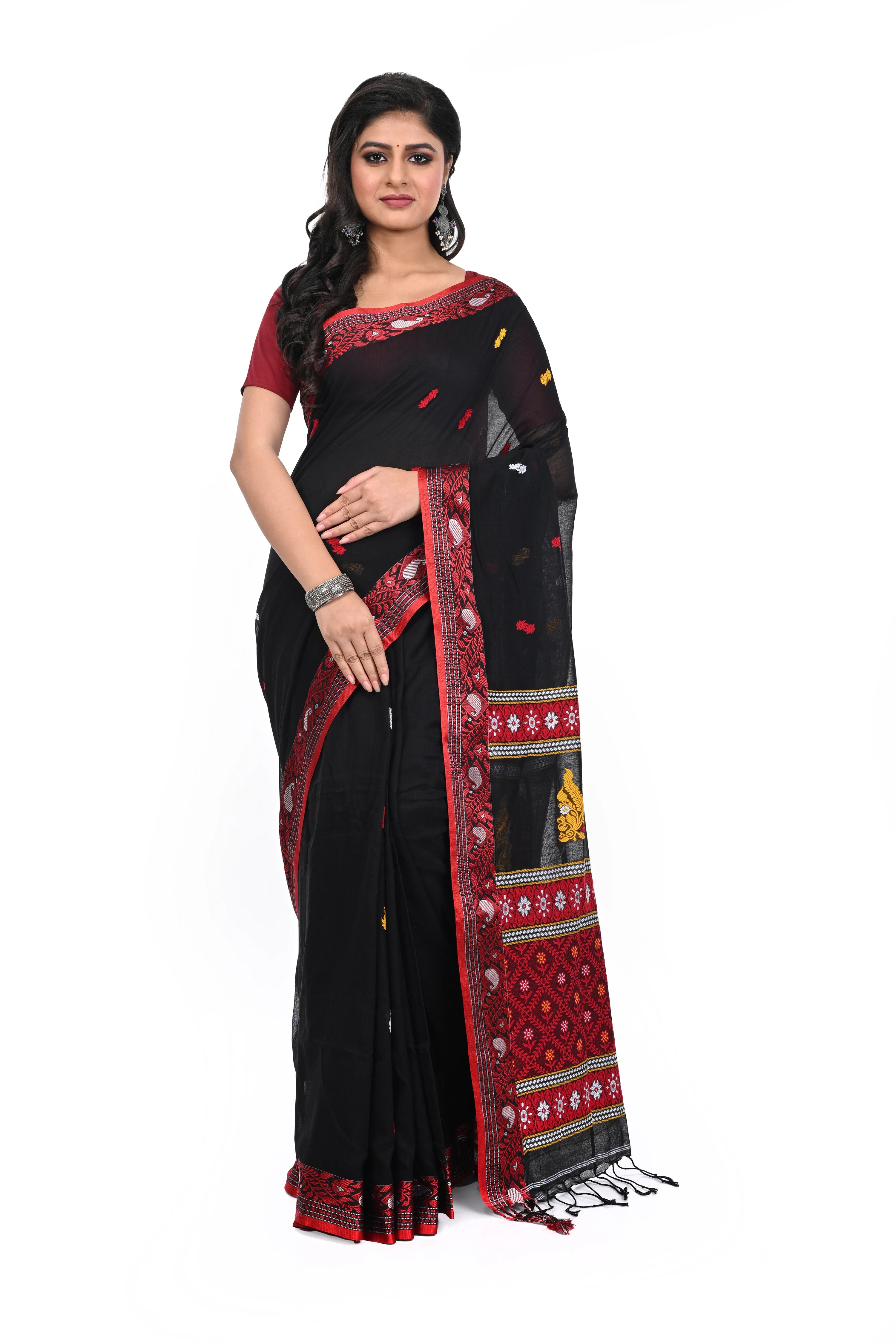Red Border Pure Black Saree with All Over Buta and Very Decorated Pallu with Ethnique Look