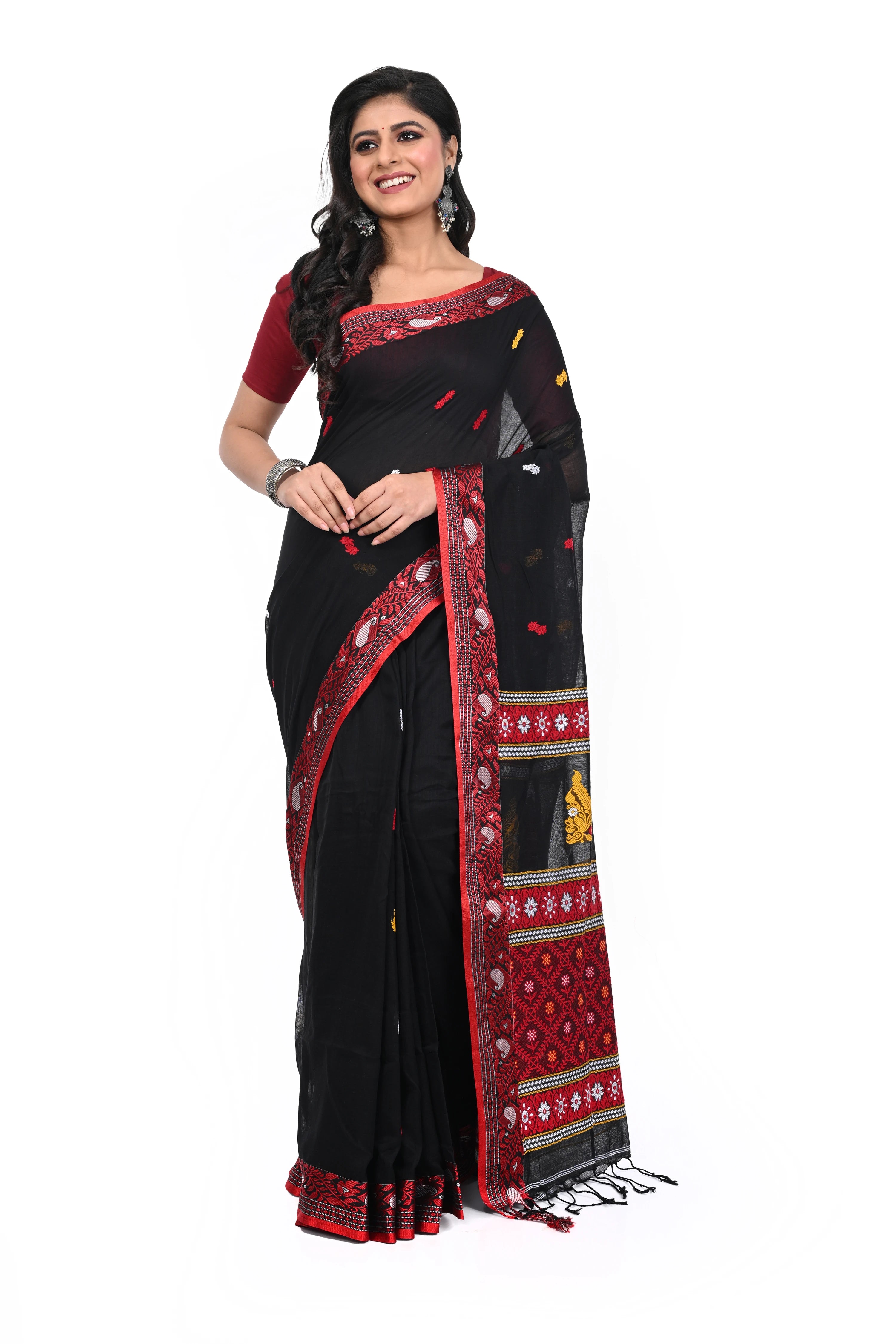Red Border Pure Black Saree with All Over Buta and Very Decorated Pallu with Ethnique Look