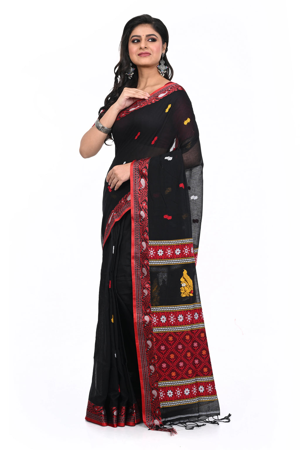Red Border Pure Black Saree with All Over Buta and Very Decorated Pallu with Ethnique Look