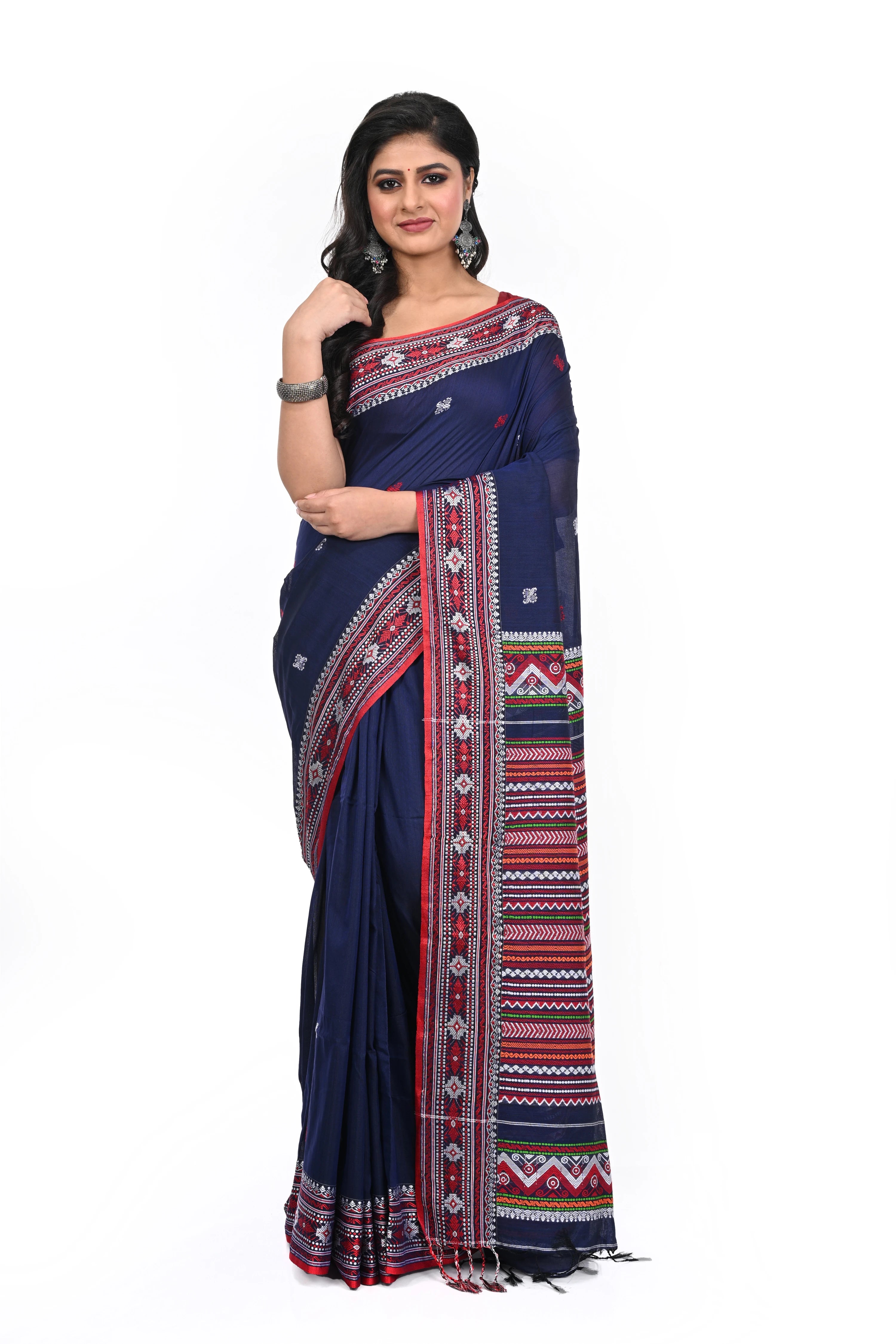 Red Border Blue Saree with Buta and Decorated Pallu
