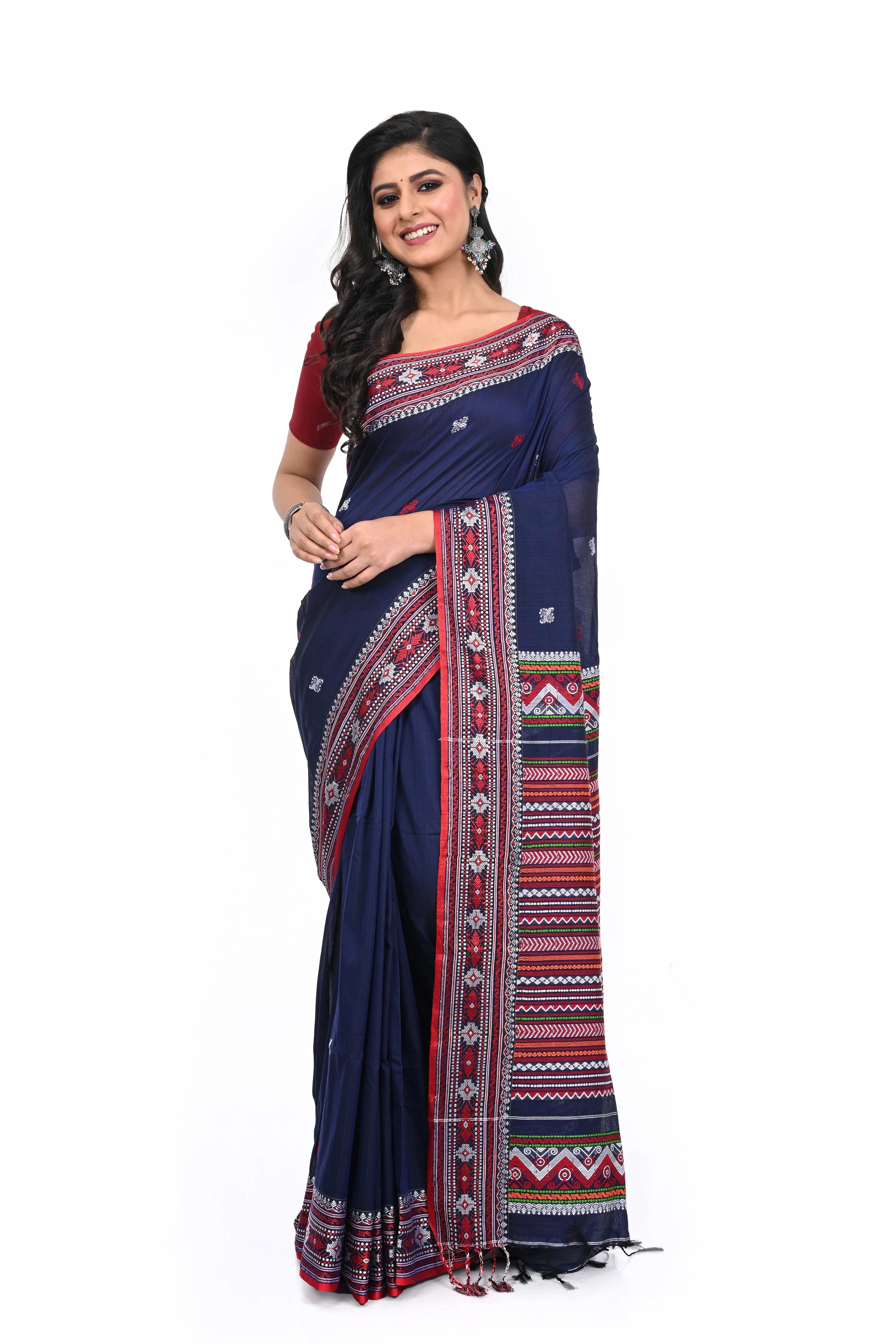 Red Border Blue Saree with Buta and Decorated Pallu