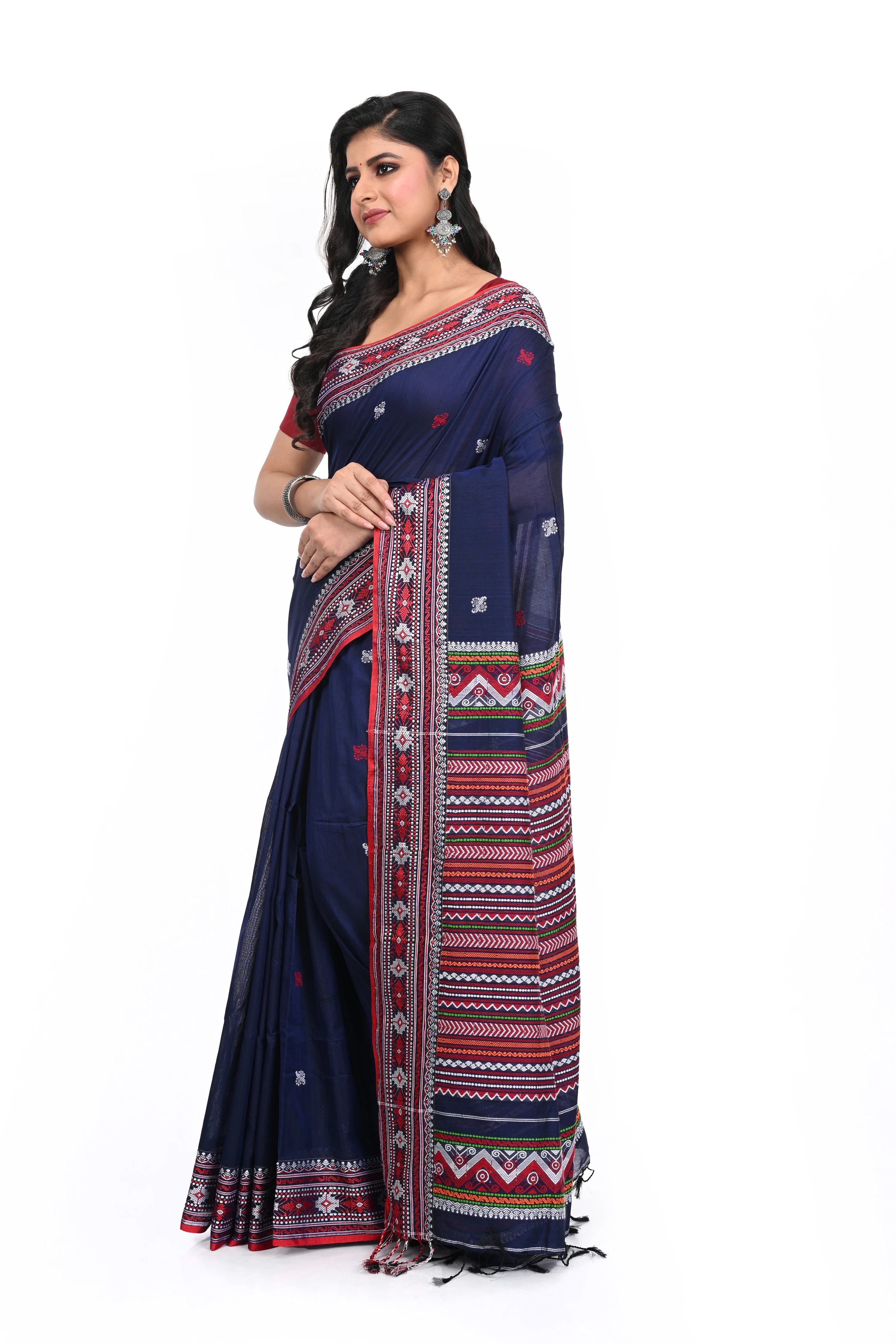 Red Border Blue Saree with Buta and Decorated Pallu