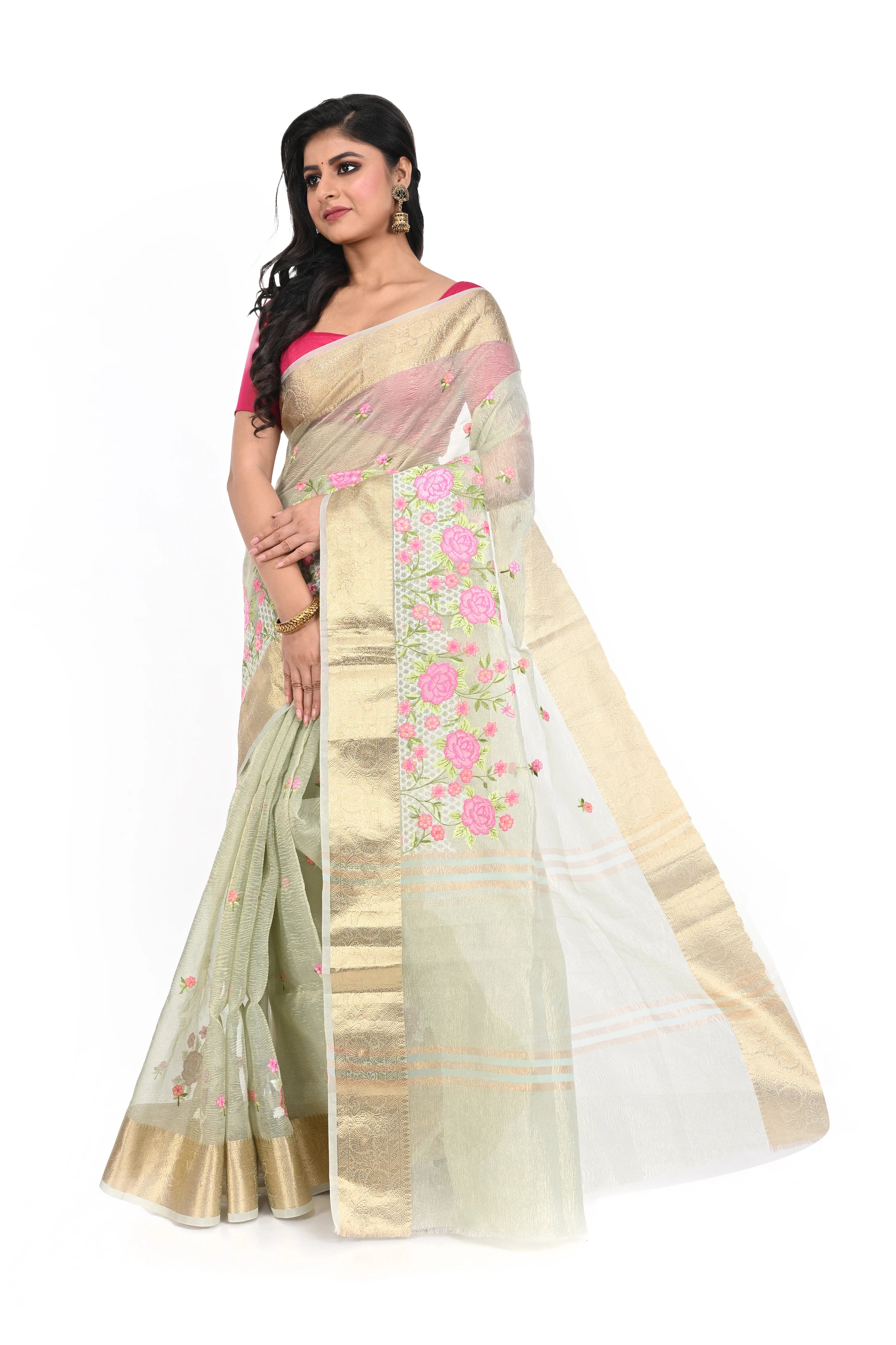 Crushed Tissue Zari Border Embroidery Saree
