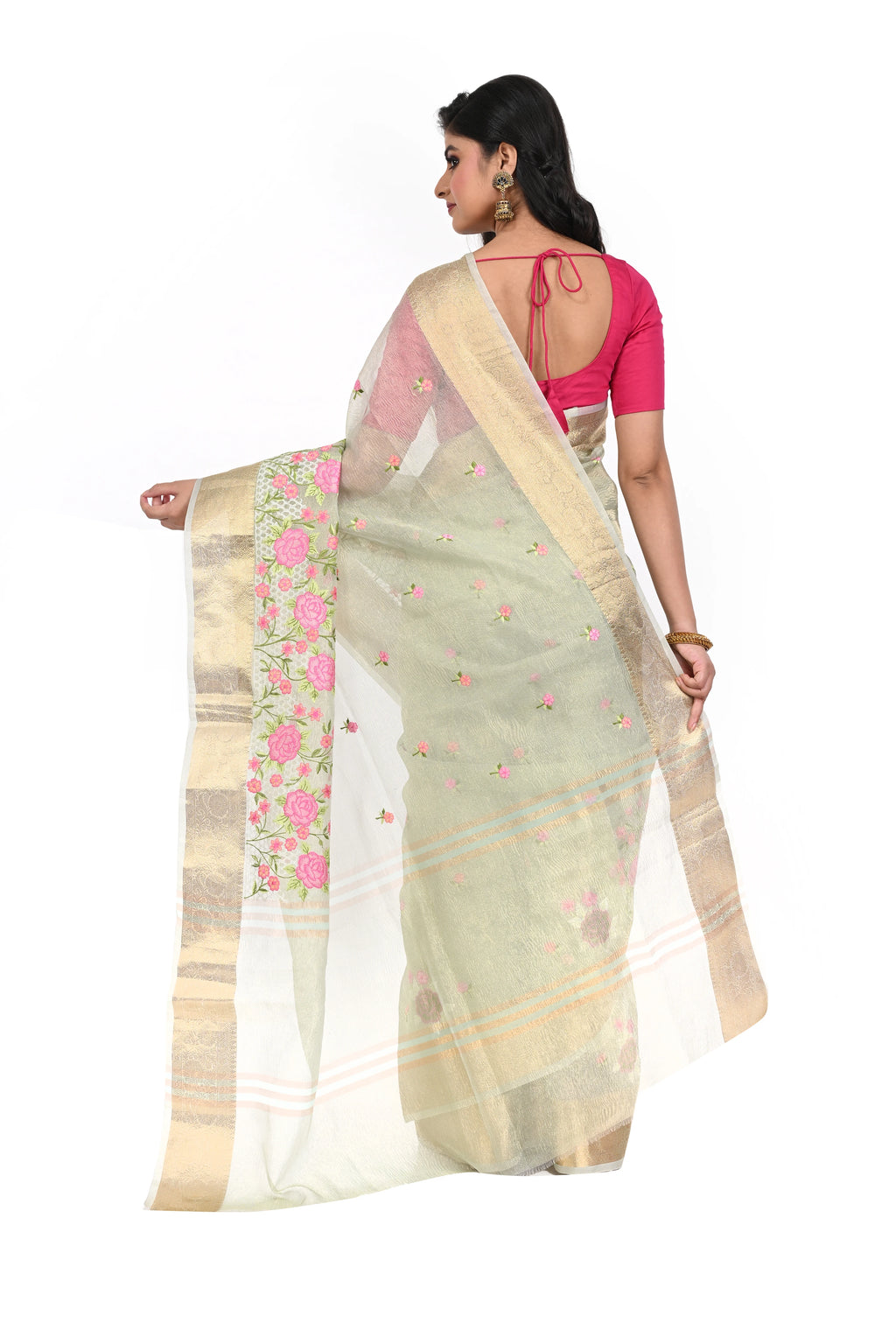 Crushed Tissue Zari Border Embroidery Saree