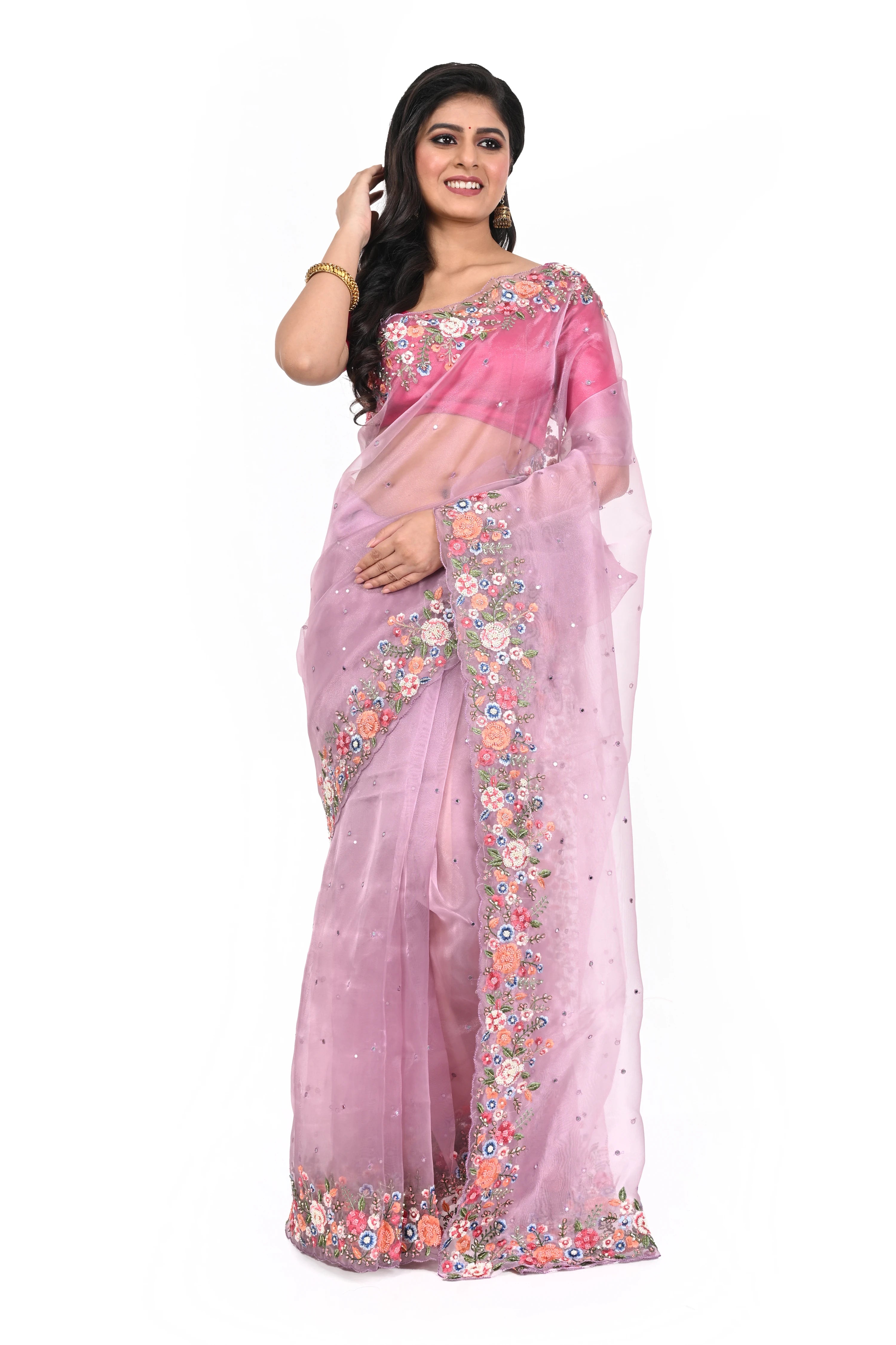 Pure Organza Lavender Pink Saree with Hand Cut Dana Worked