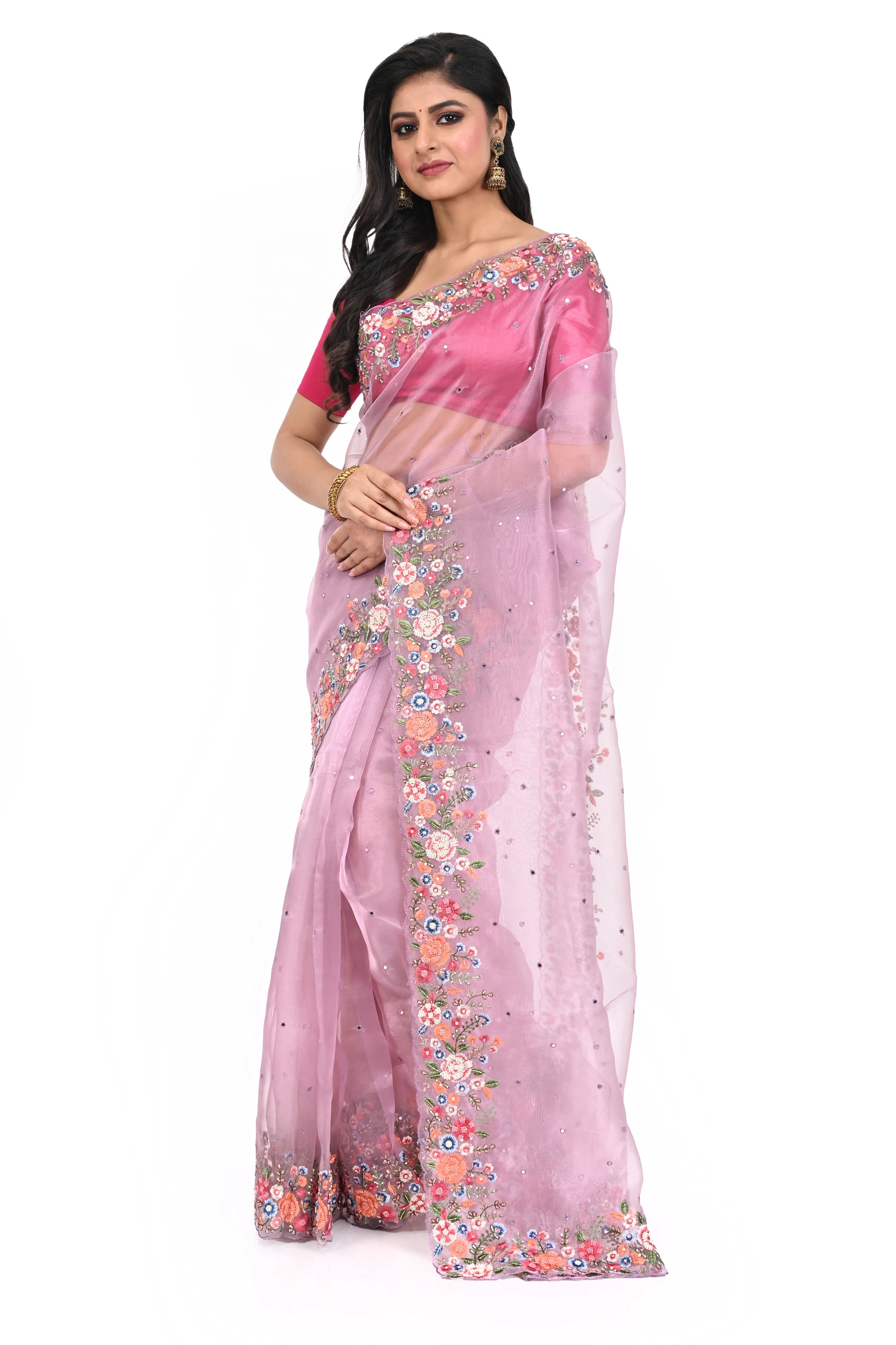 Pure Organza Lavender Pink Saree with Hand Cut Dana Worked