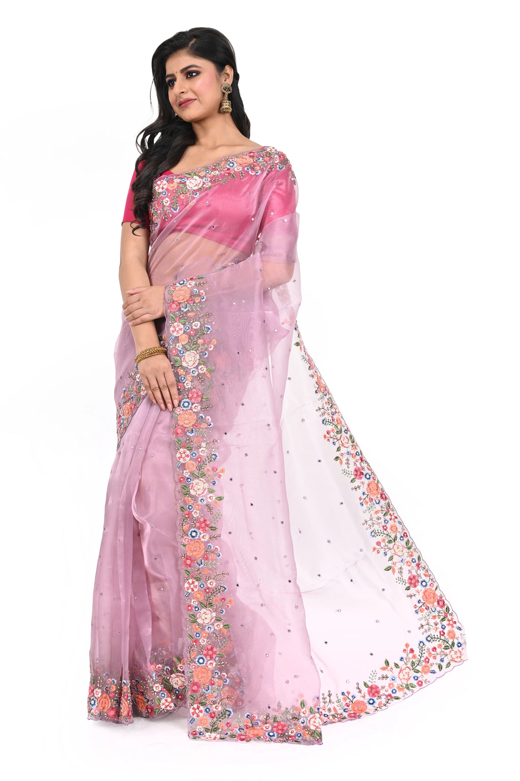 Pure Organza Lavender Pink Saree with Hand Cut Dana Worked