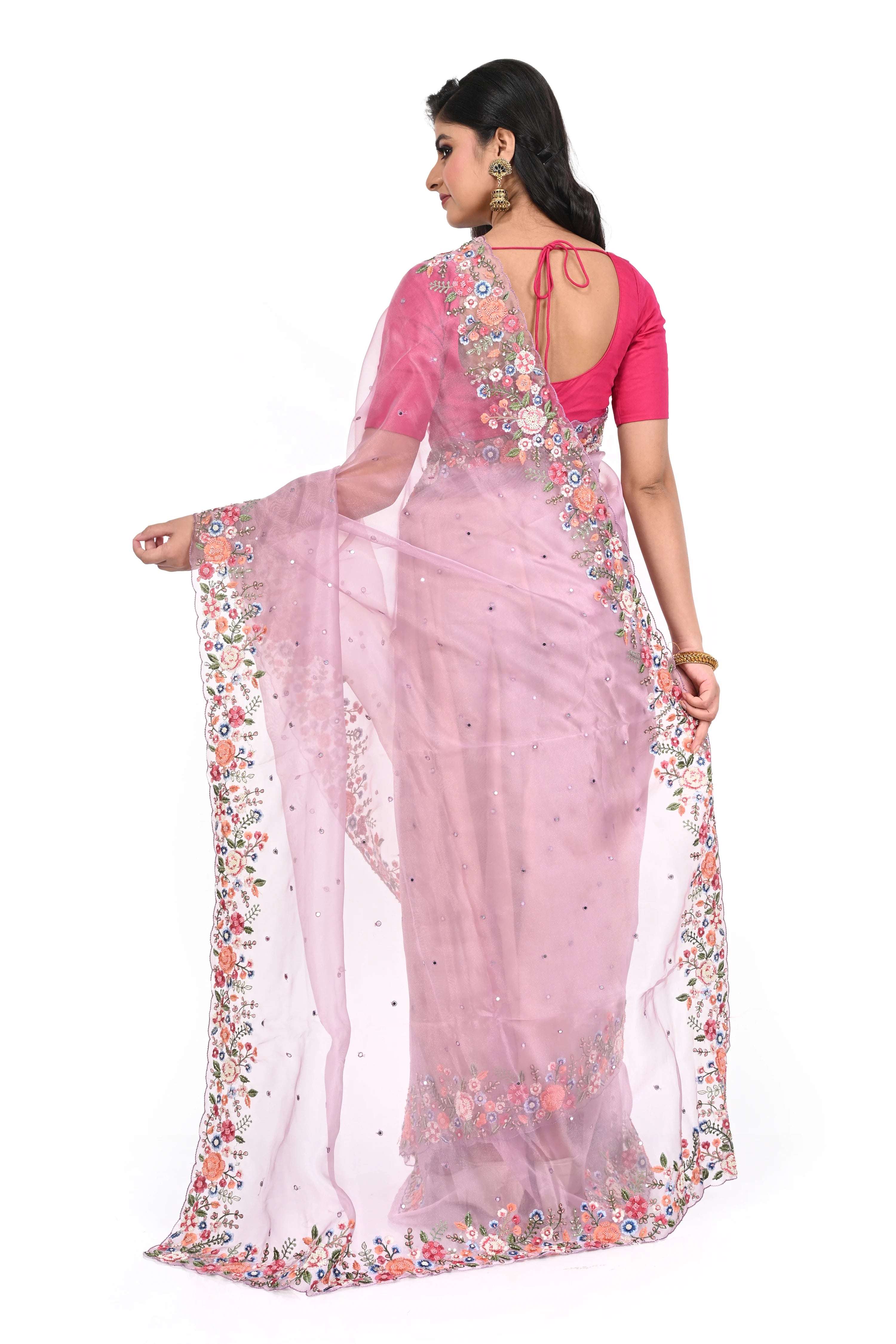 Pure Organza Lavender Pink Saree with Hand Cut Dana Worked