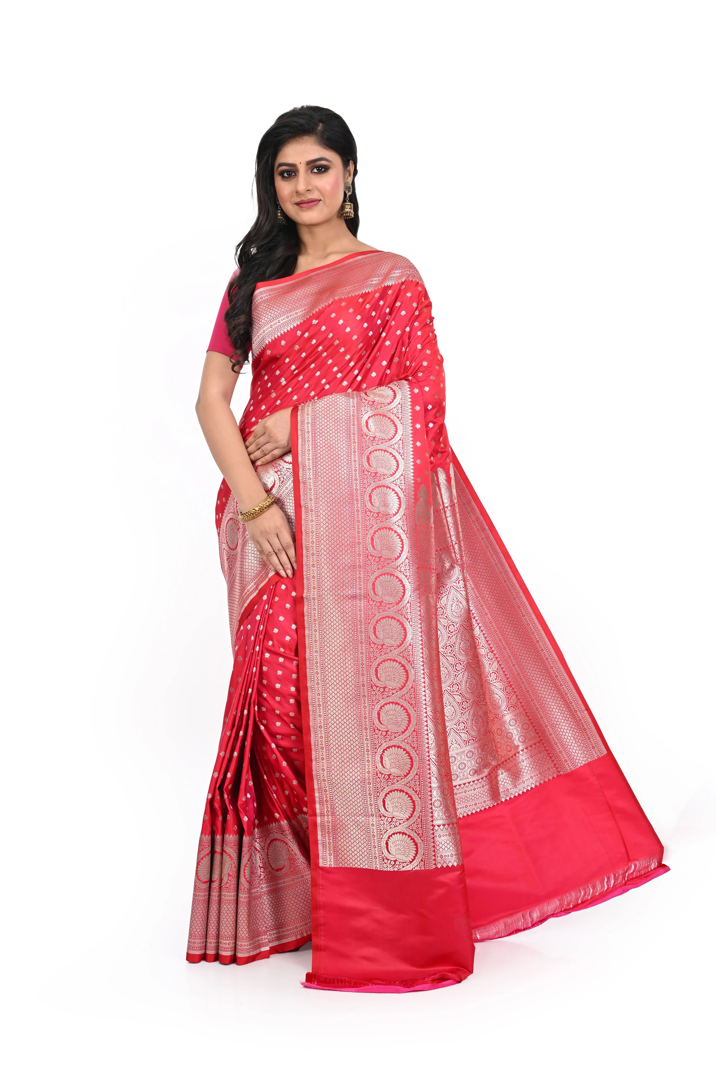 Mashru Benarasi Saree with Big Border Pinkish Red Colour Saree