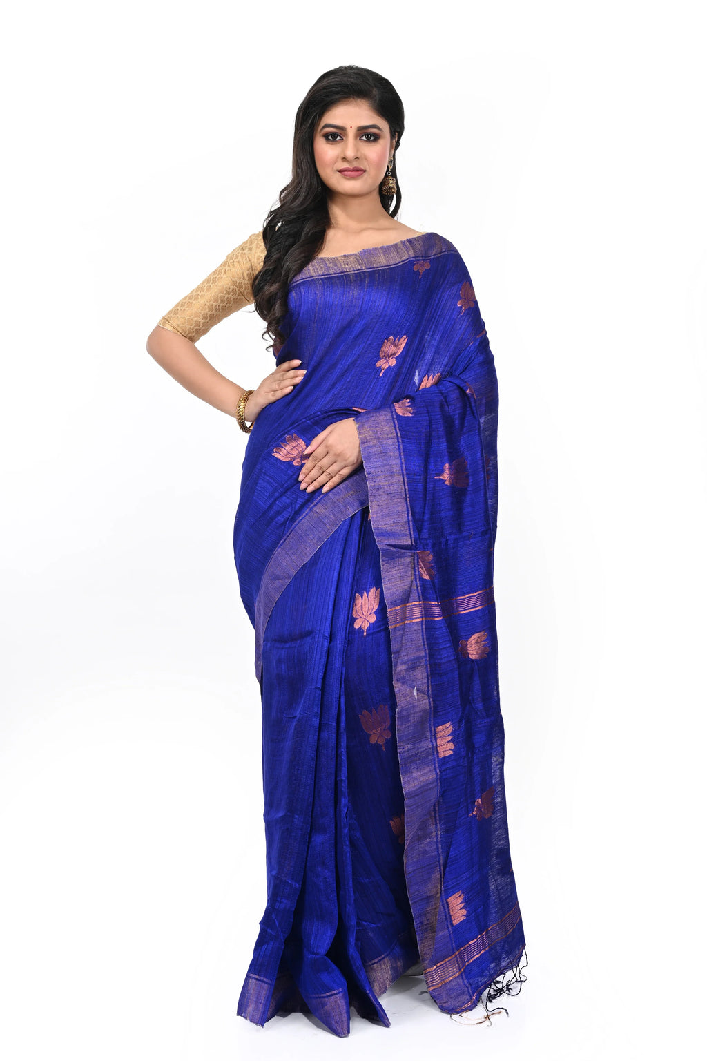 Peacock Blue Pure Matka Silk Saree with Zari Lotus Motif