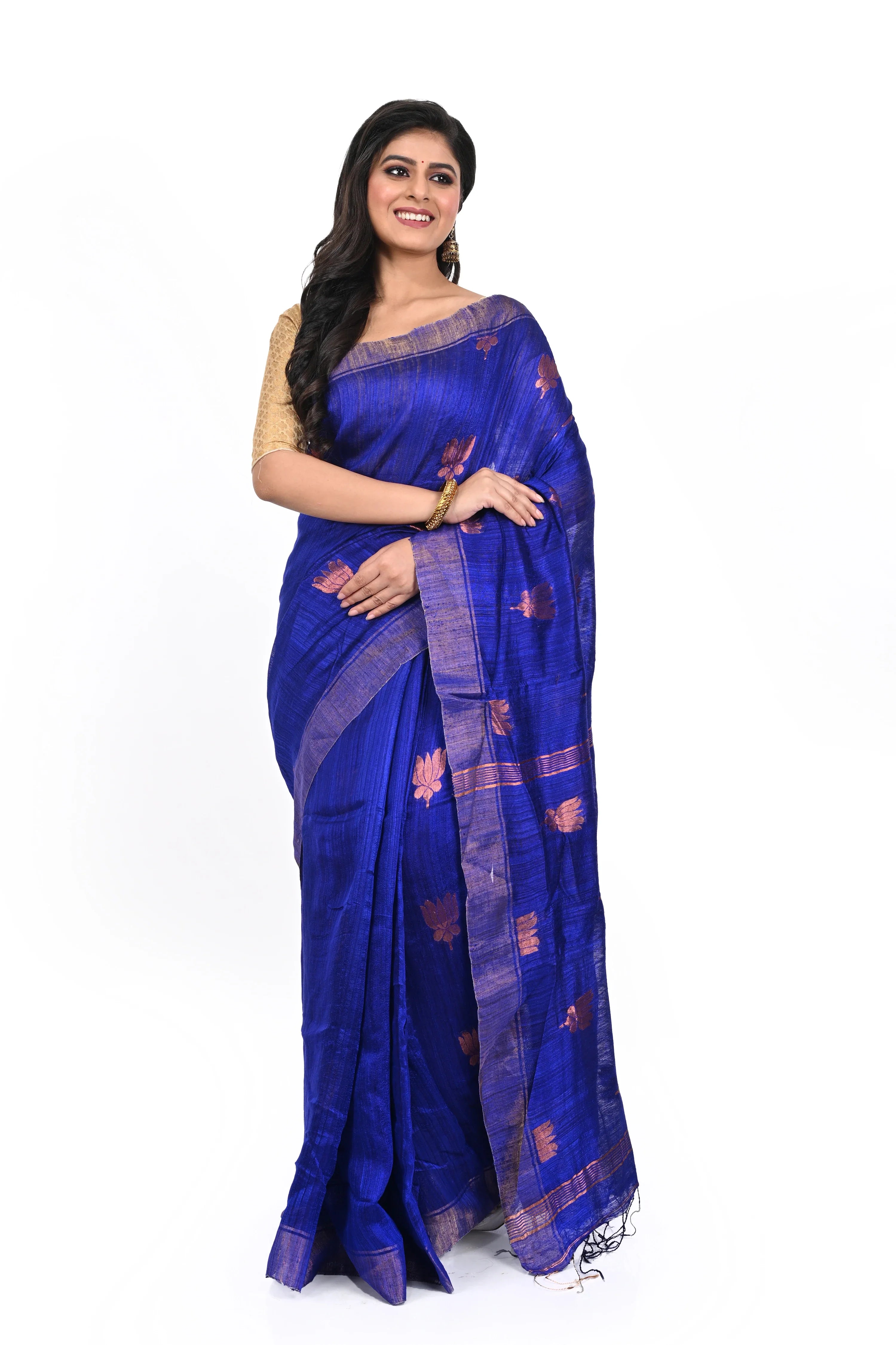 Peacock Blue Pure Matka Silk Saree with Zari Lotus Motif