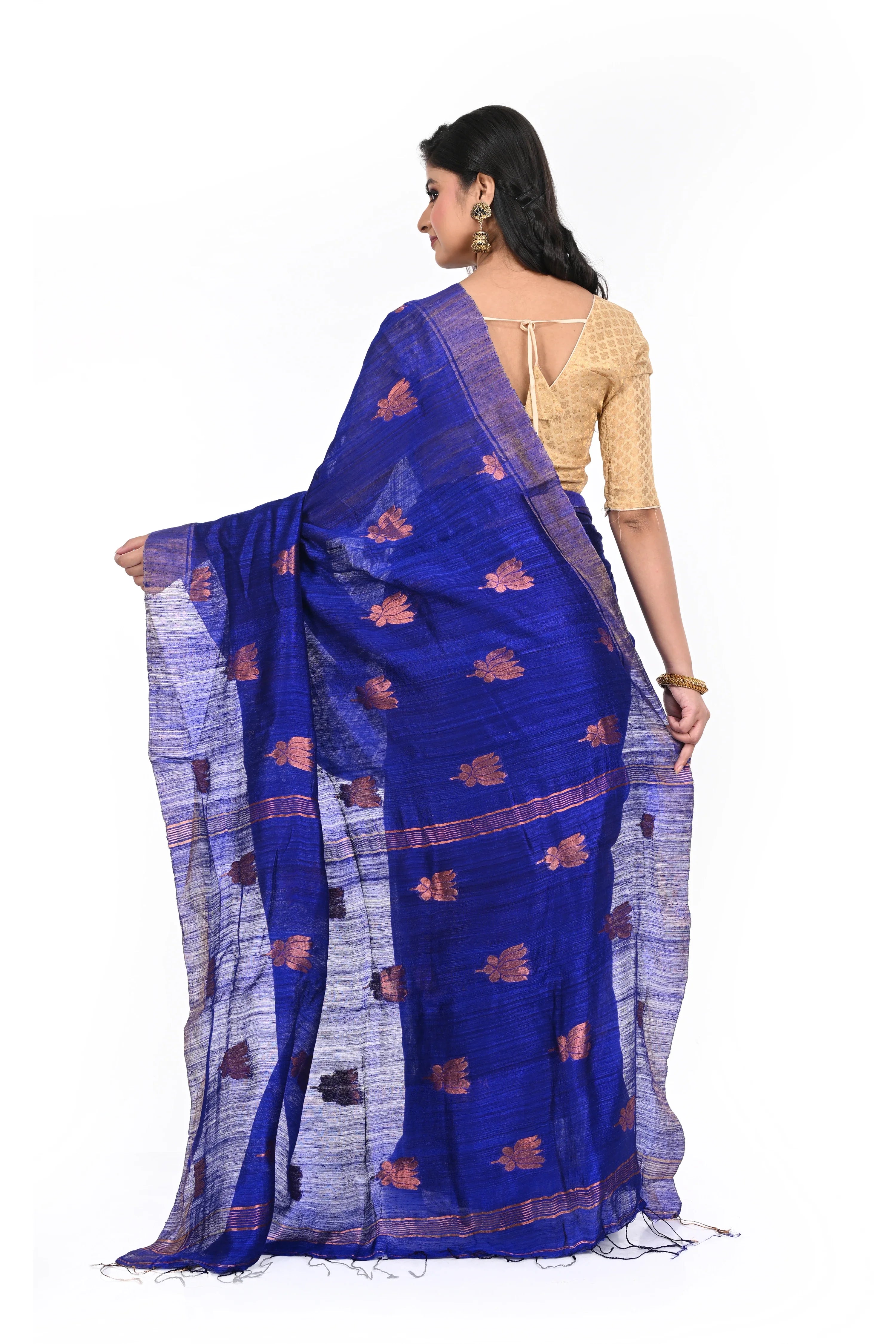 Peacock Blue Pure Matka Silk Saree with Zari Lotus Motif